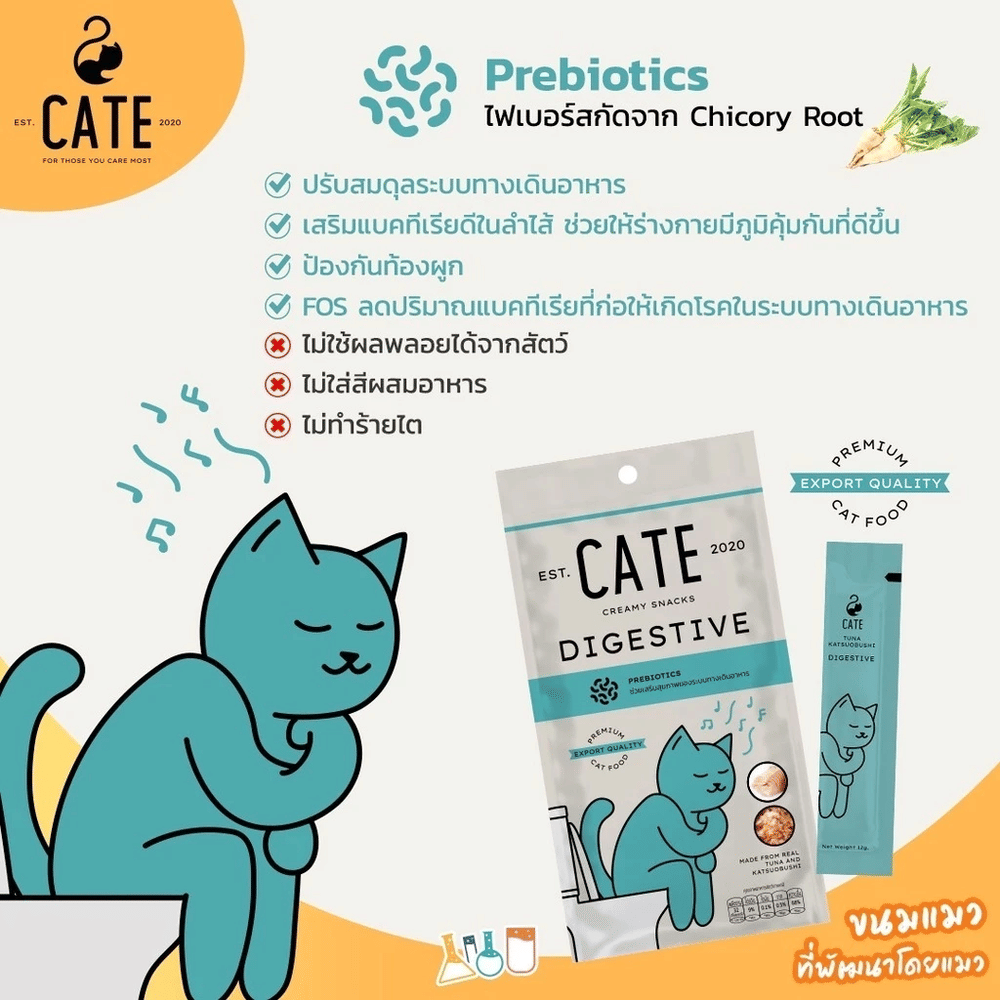 ขนมแมวเลีย CATE รสทูน่าผสมคัตซึบูชิ สูตรบำรุงระบบทางเดินอาหาร 12 กรัม (ยกลัง 24 แพ็ค 96 ซอง)_4