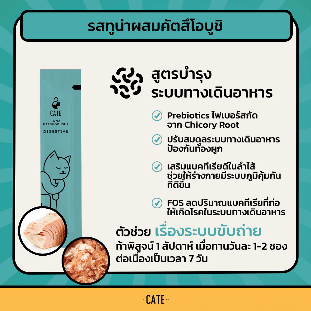 ขนมแมวเลีย CATE รสทูน่าผสมคัตซึบูชิ สูตรบำรุงระบบทางเดินอาหาร 12 กรัม (ยกลัง 24 แพ็ค 96 ซอง)_3