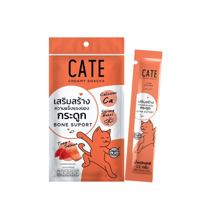 ขนมแมวเลีย CATE รสทูน่าและแซลมอน สูตรเสริมสร้างกระดูกผสมแคลเซียม 12 กรัม ( 1 แพ็ค 4 ชิ้น)