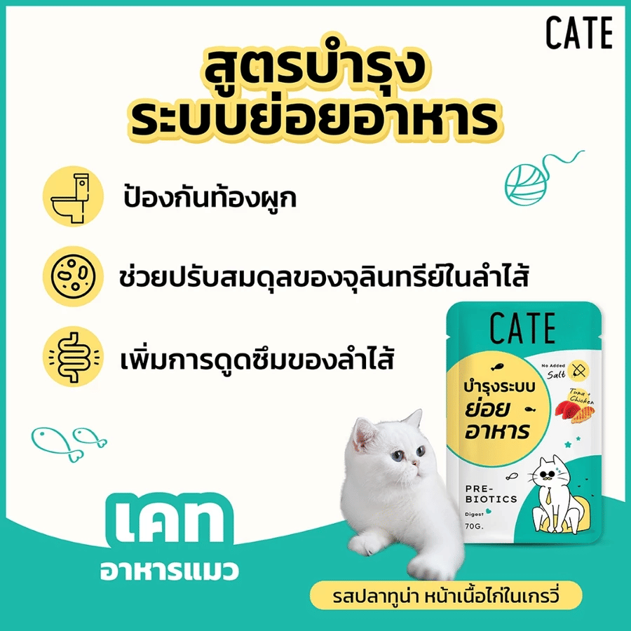 อาหารเปียกแมว CATE รสทูน่าและไก่ ในน้ำเกรวี่ สูตรบำรุงระบบย่อยอาหาร มี PREBIOTICS (ยกลัง 48 ซอง 70G)_4