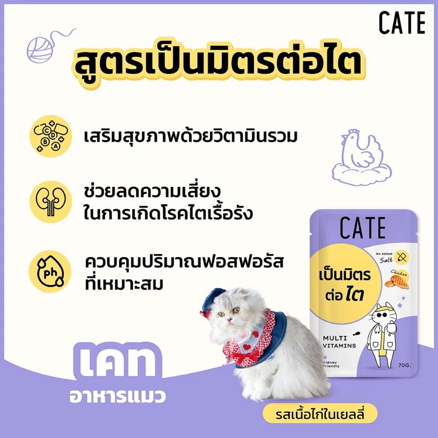 อาหารเปียกแมว CATE รสไก่ ในซอฟท์เจลลี่ สูตรเป็นมิตรต่อไต มีวิตามินรวม (ยกโหล 12 ซอง 70G.)_4