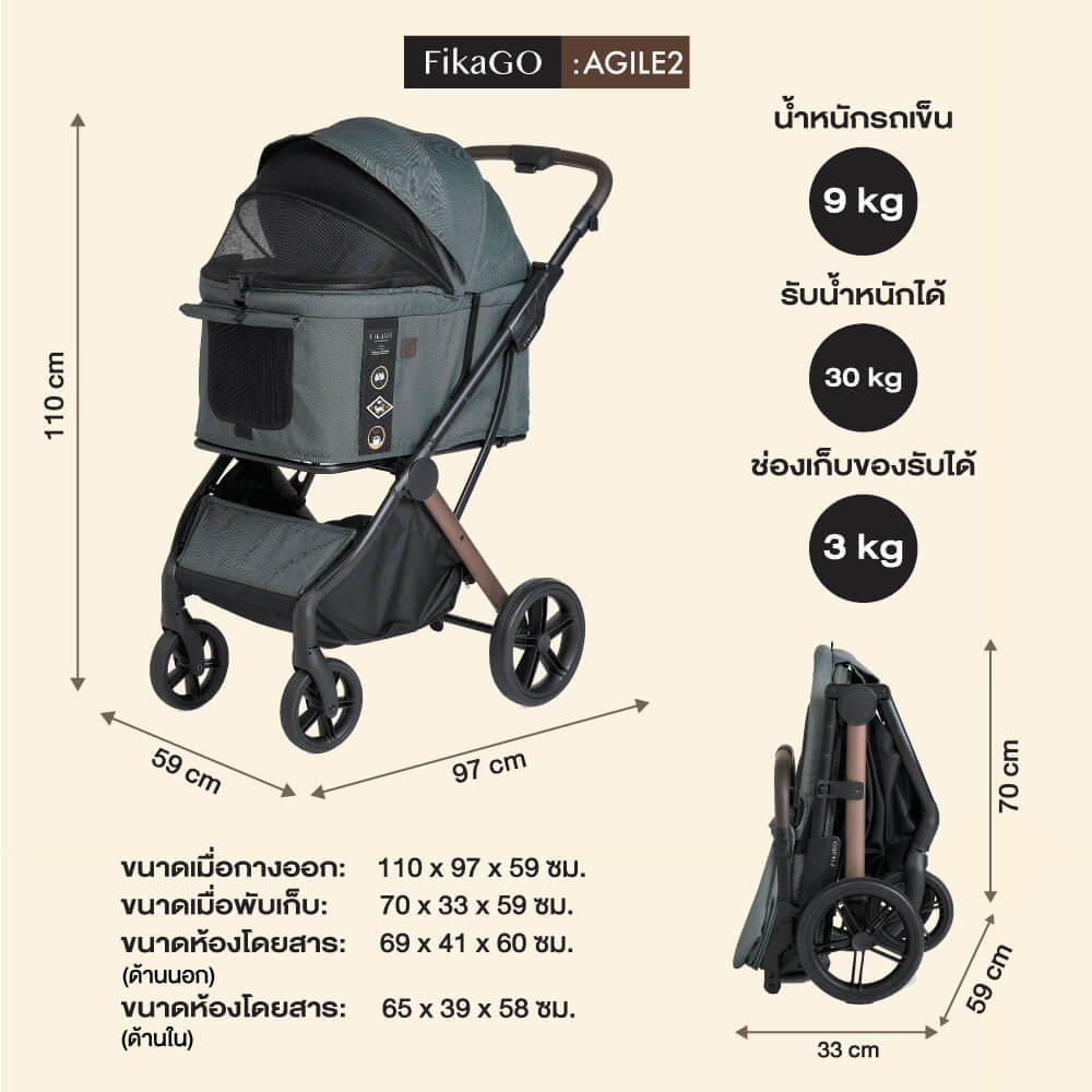 รถเข็นสัตว์เลี้ยงพับได้ FIKAGO รุ่น AGILE 2 สีเบจ