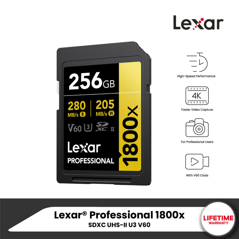 การ์ดหน่วยความจำ เอสดีการ์ด LEXAR SD1800X 256GB UHS-II U3 V60 SD CARD FULL-HD 3D 4K RW280/210MB/S (LSD1800256G) GOLD SERIES_9