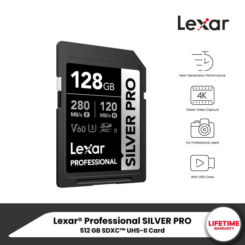 การ์ดหน่วยความจำ เอสดีการ์ด LEXAR SILVER PRO 128GB UHS-II U3 V60 SD CARD FULL-HD 3D 4K RW280/120MB/S (LSDSIPR128G)_9