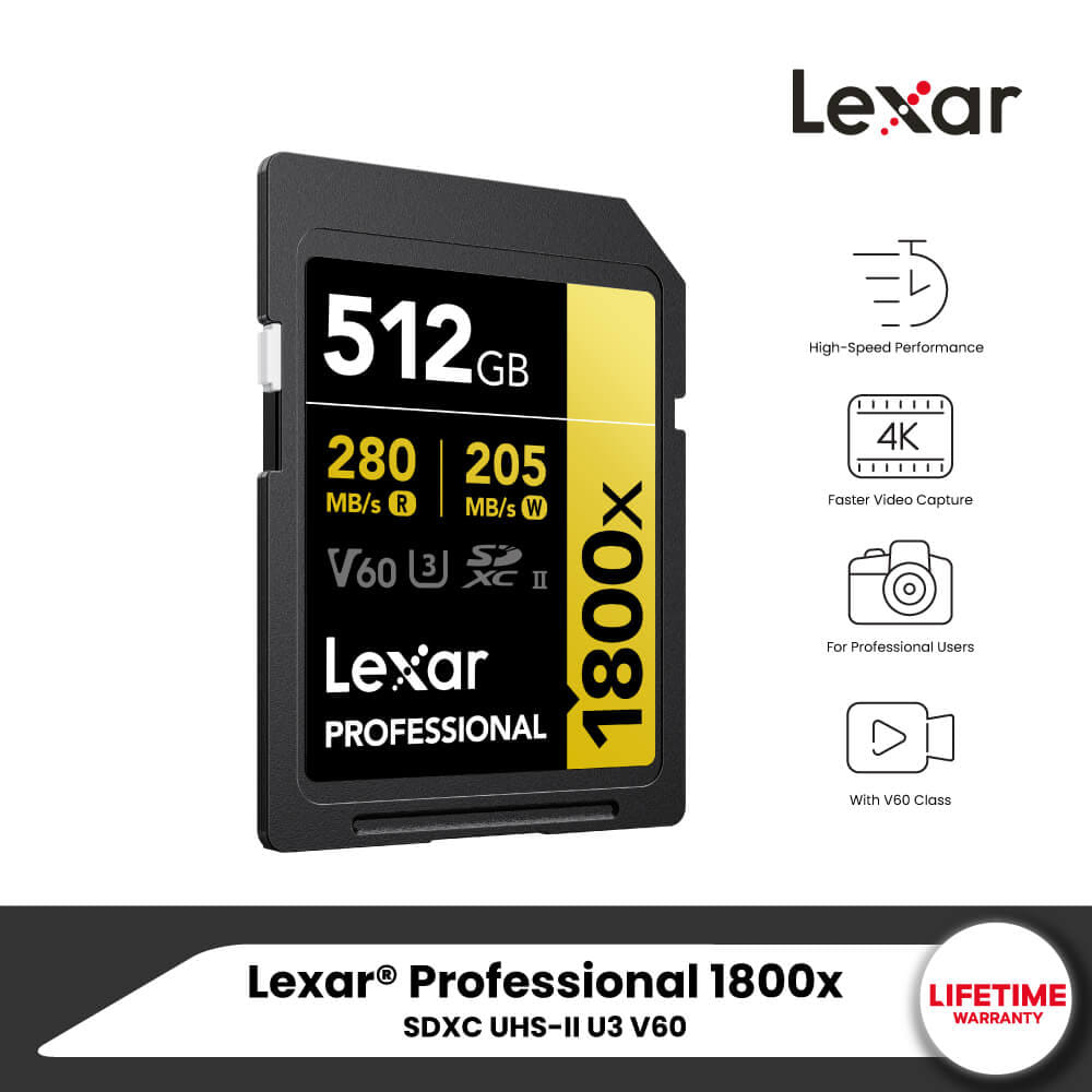 การ์ดหน่วยความจำ เอสดีการ์ด LEXAR SD1800X 512GB UHS-II U3 V60 SD CARD FULL-HD 3D 4K RW280/210MB/S (LSD1800512G) GOLD SERIES_8