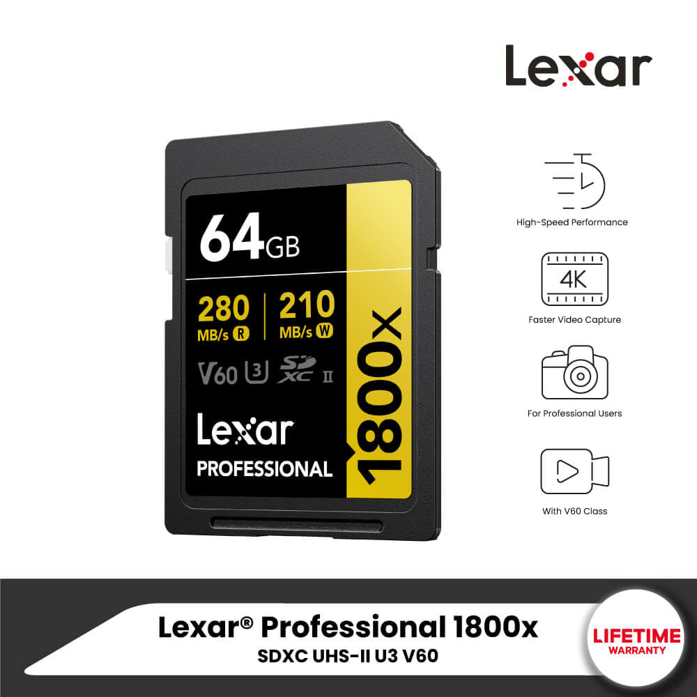 การ์ดหน่วยความจำ เอสดีการ์ด LEXAR SD1800X 64GB UHS-II U3 V60 SD CARD FULL-HD 3D 4K RW280/210MB/S (LSD1800064G) GOLD SERIES_9