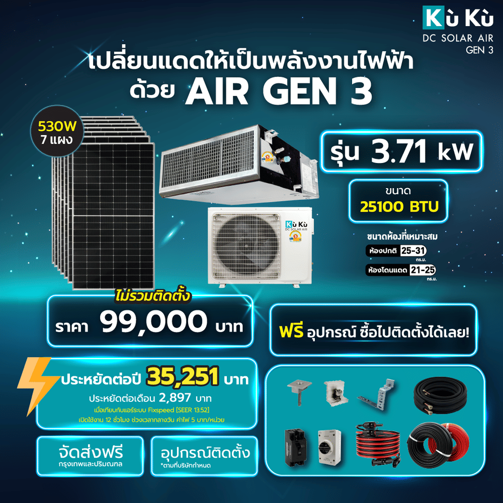 แอร์เพดาน KUKU AIR DUCT TYPE 25,100 BTU พร้อมแผงโซล่าเซลล์ 3.71 KWH (ไม่รวมติดตั้ง)