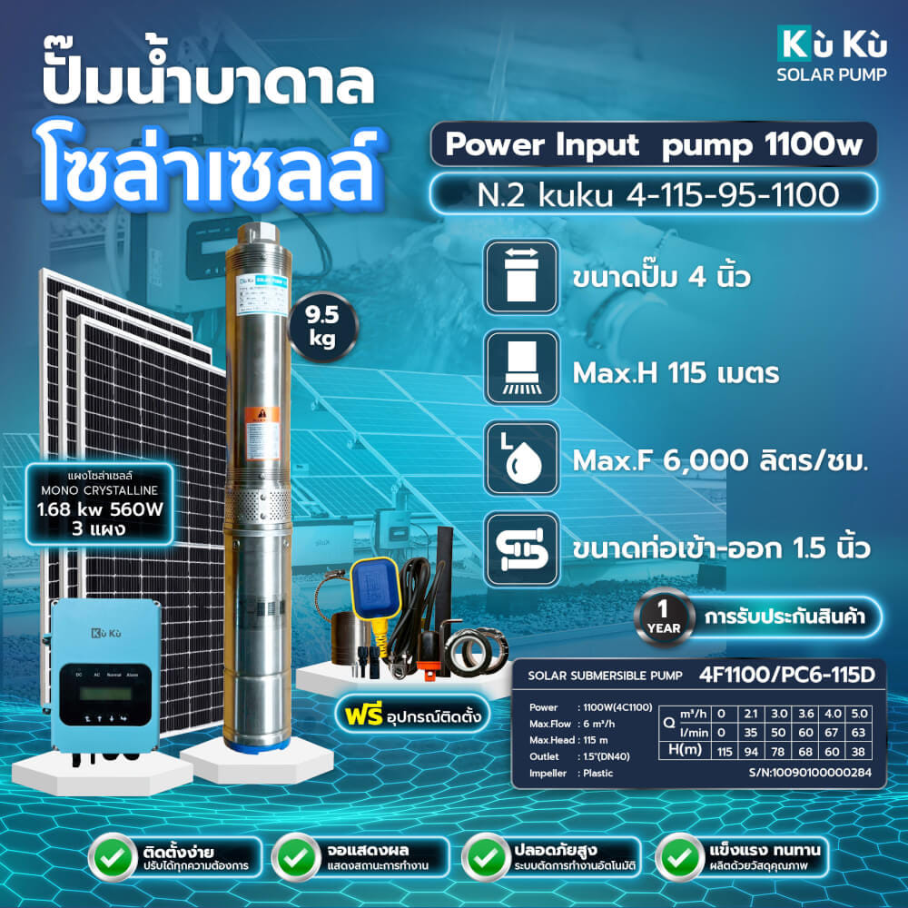 ปั๊มบาดาลโซล่าเซลล์ KUKU N.2 115-95-1100 4 นิ้ว (รวมแผงโซล่าเซลล์)_2