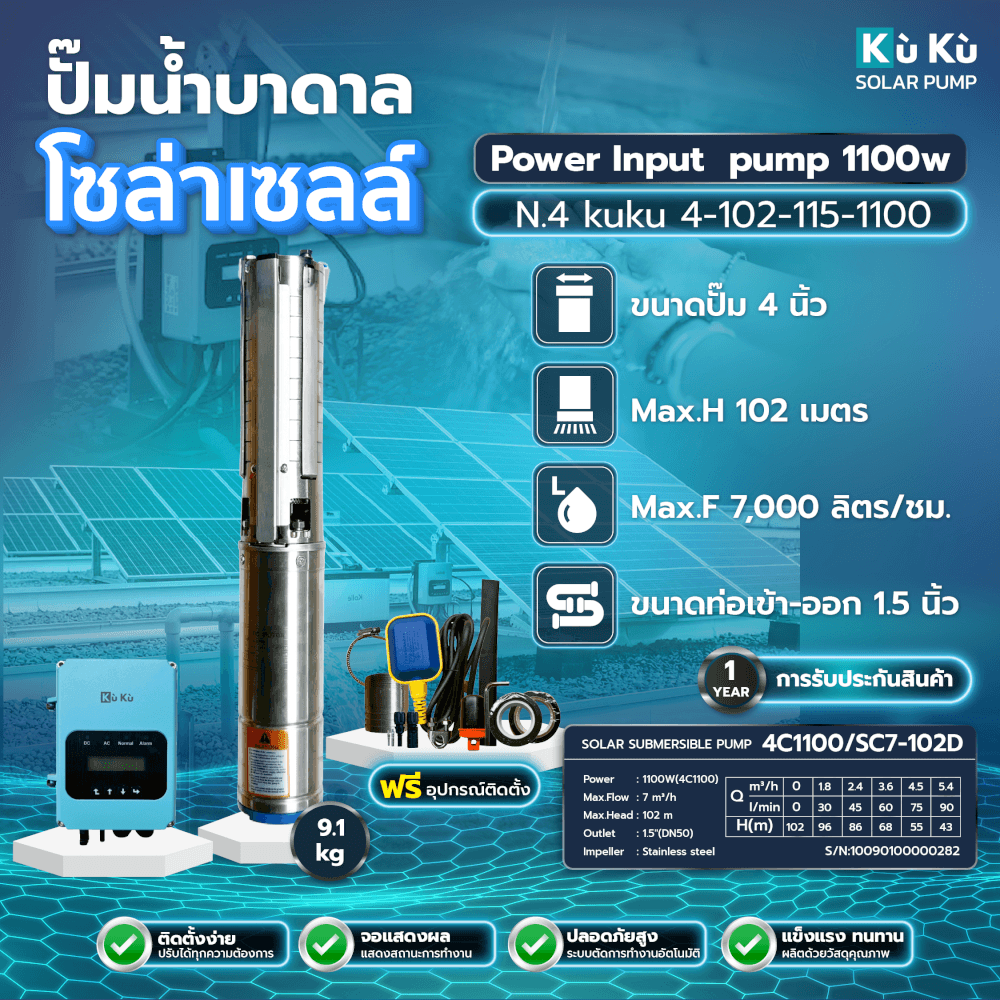 ปั๊มบาดาลโซล่าเซลล์ KUKU N.4 102-115-1100 4 นิ้ว (ไม่รวมแผงโซล่าเซลล์)_1