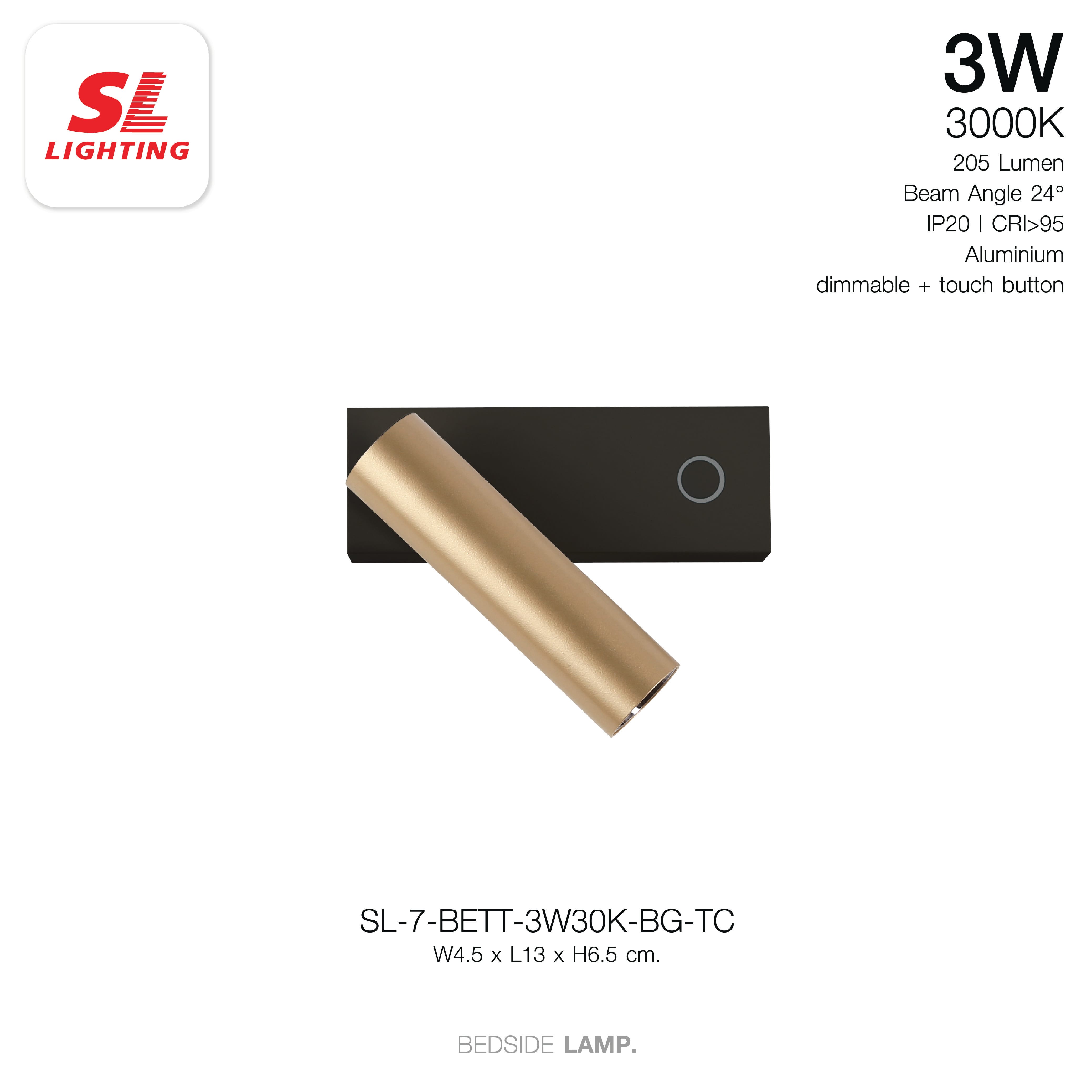 ไฟหัวเตียง LED SL LIGHTING BETT 3 วัตต์ WARM WHITE Touch Control พอร์ตชาร์จ Type-C สีดำ/ทอง