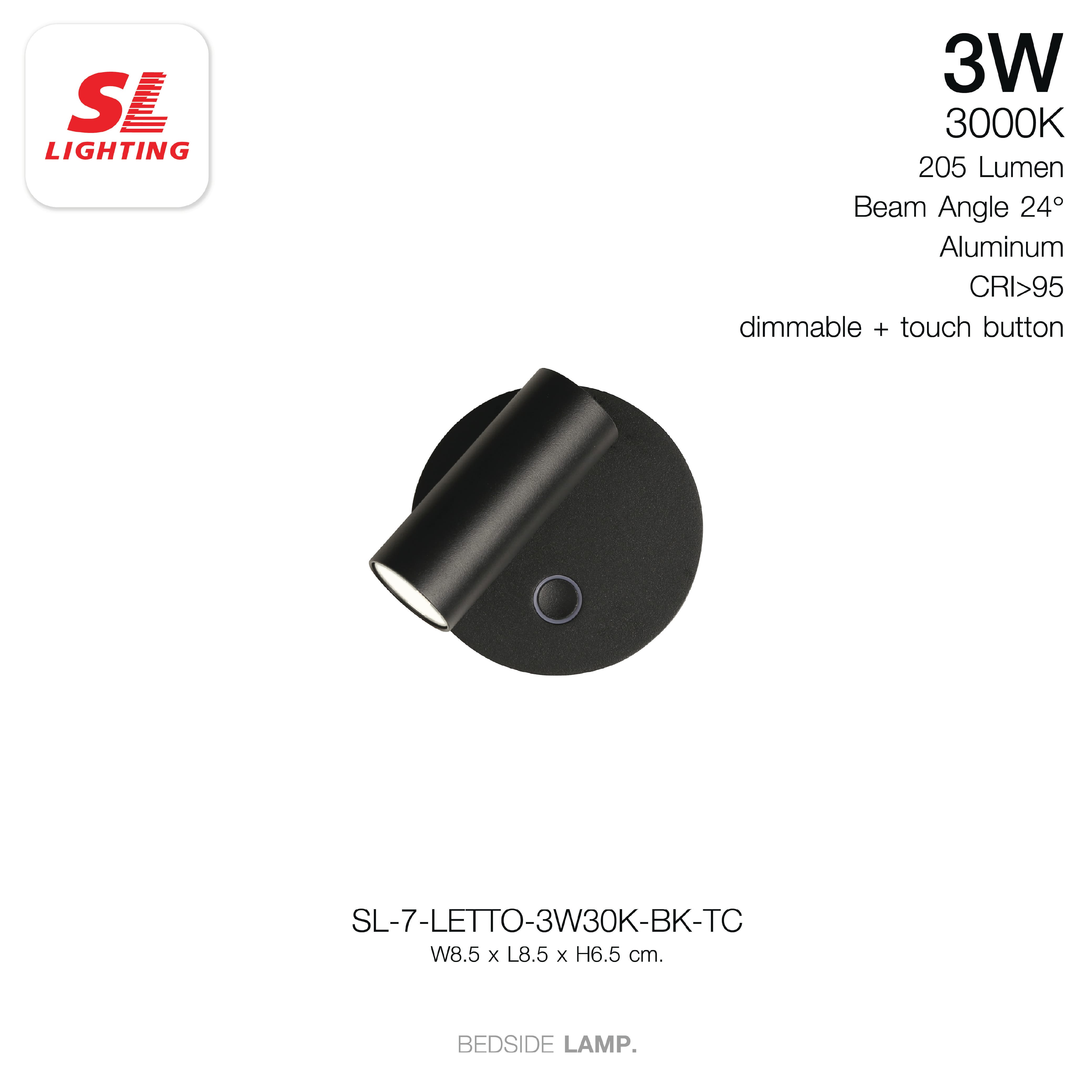 ไฟหัวเตียง LED SL LIGHTING LETTO 3 วัตต์ WARM WHITE Touch Control พอร์ตชาร์จ Type-C สีดำ