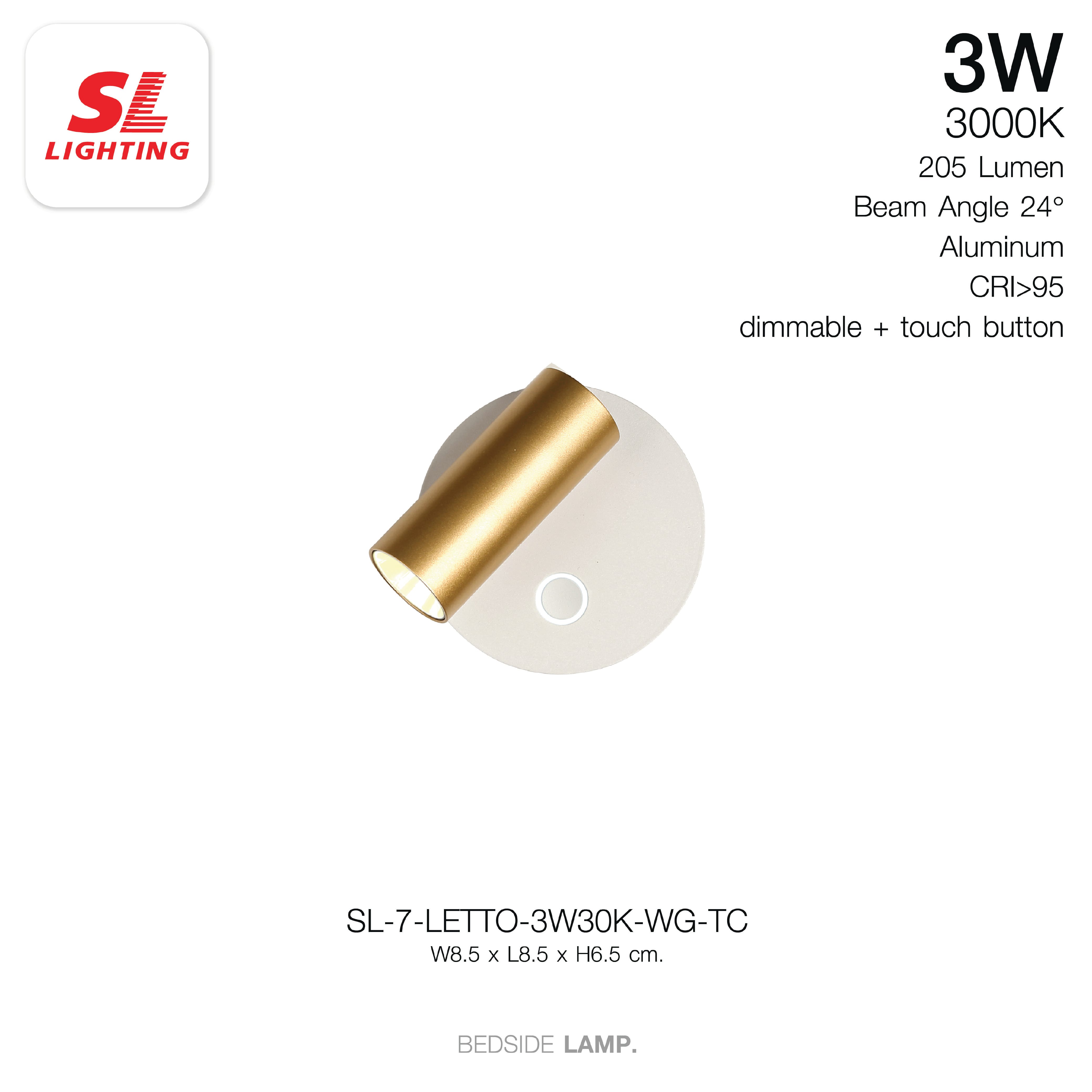 ไฟหัวเตียง LED SL LIGHTING LETTO 3 วัตต์ WARM WHITE Touch Control พอร์ตชาร์จ Type-C สีขาว/ทอง