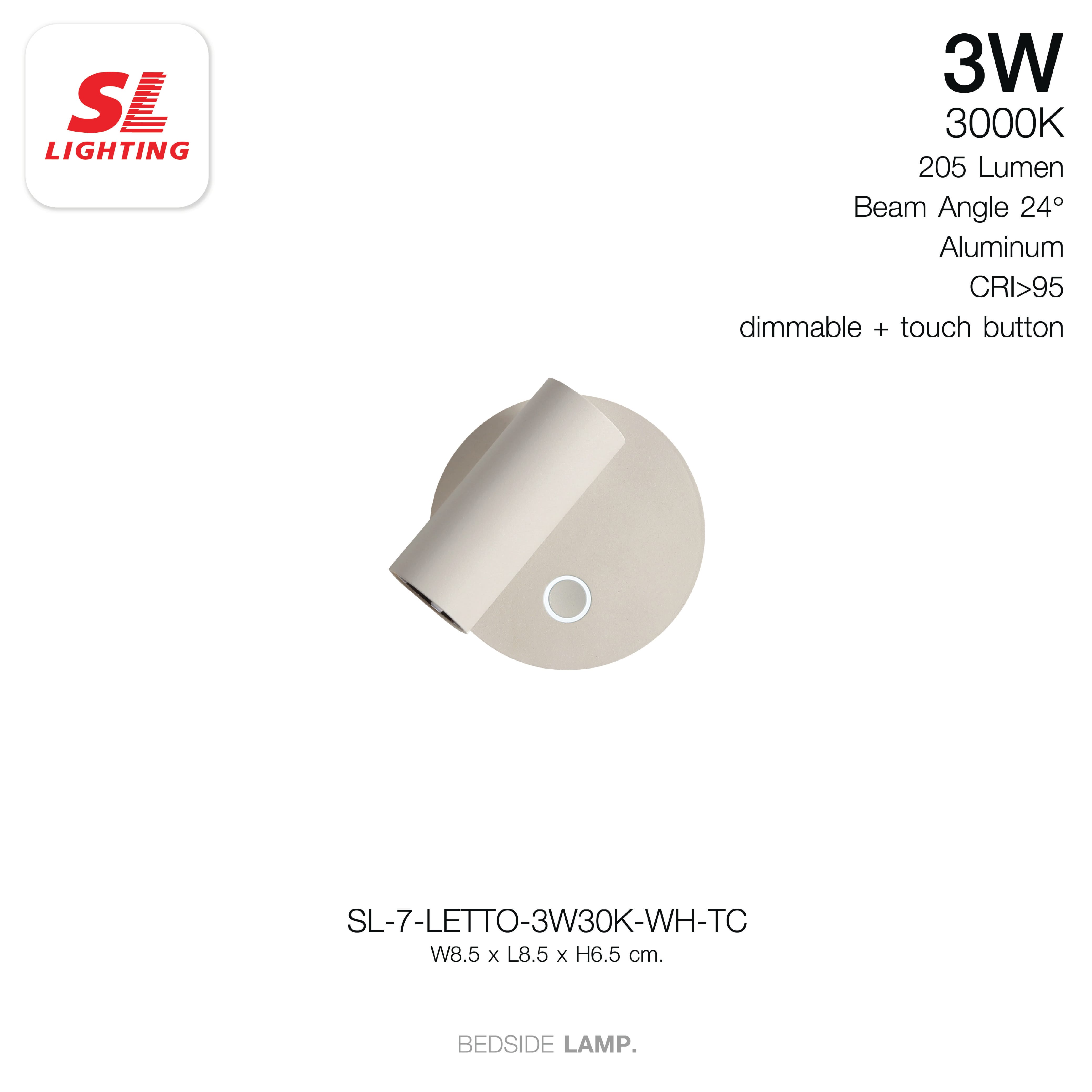 ไฟหัวเตียง LED SL LIGHTING LETTO 3 วัตต์ WARM WHITE Touch Control พอร์ตชาร์จ Type-C สีขาว