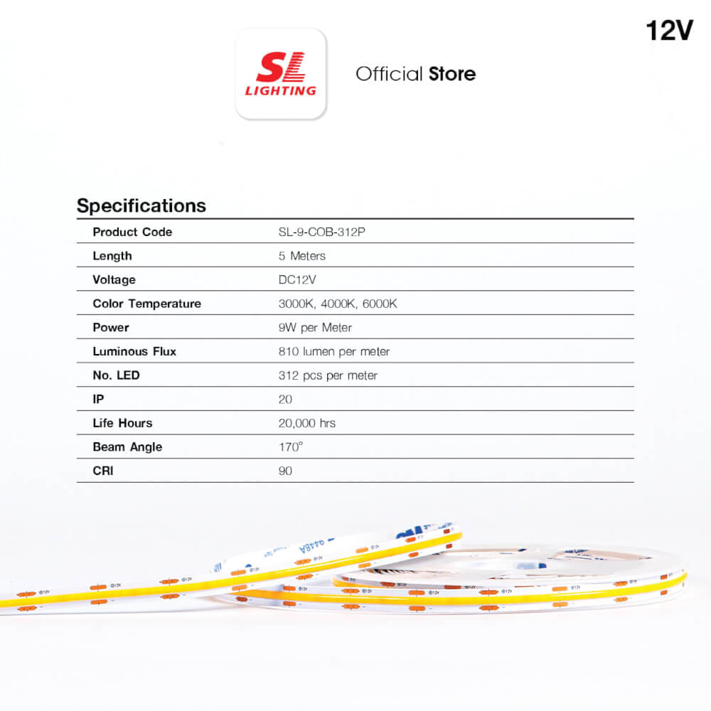 ไฟเส้น LED SL LIGHTING COB 12V 9 วัตต์ 5 เมตร COOL WHITE