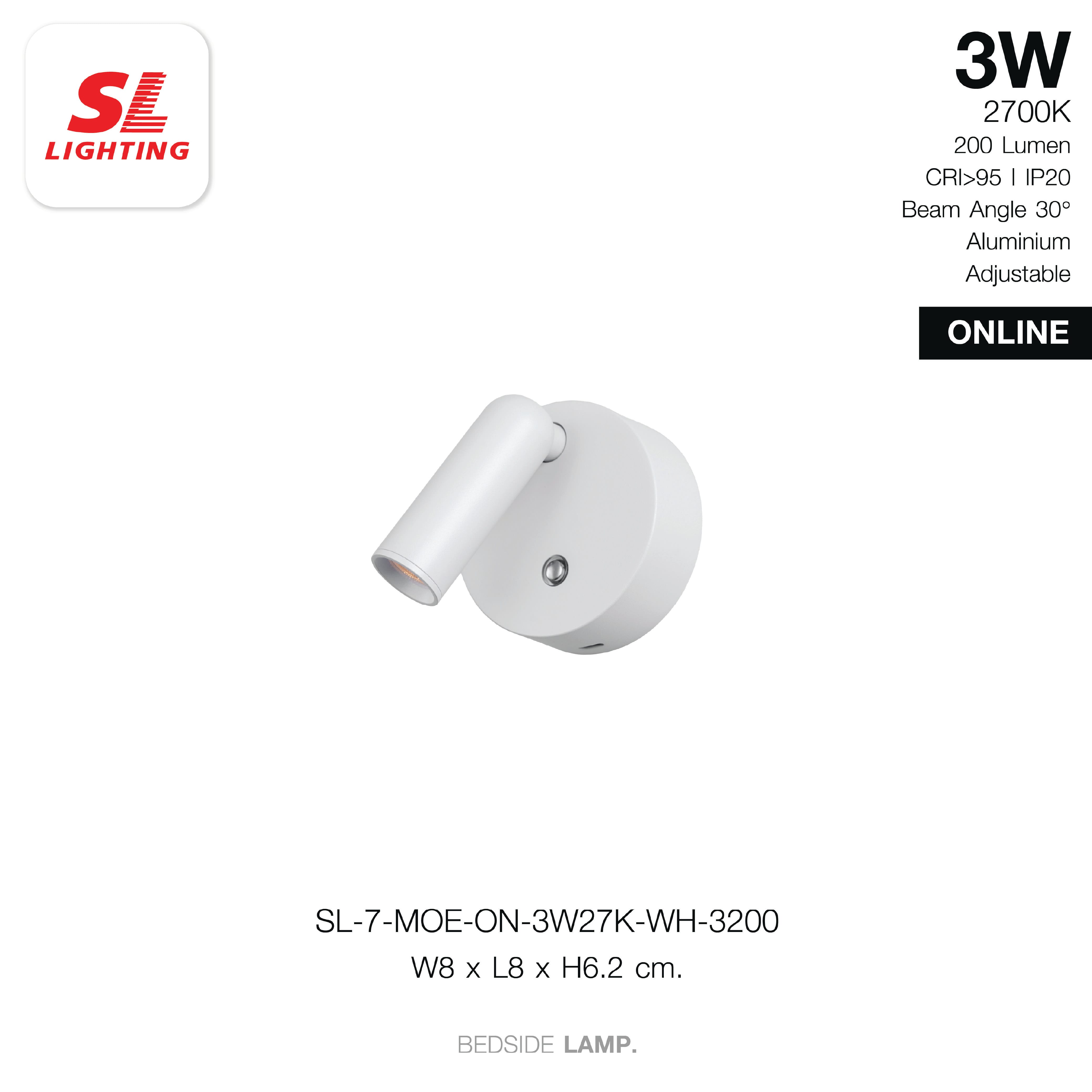 ไฟหัวเตียง LED SL LIGHTING MOE-ON 3 วัตต์ WARM WHITE Touch Control พอร์ตชาร์จ Type-C สีดำ