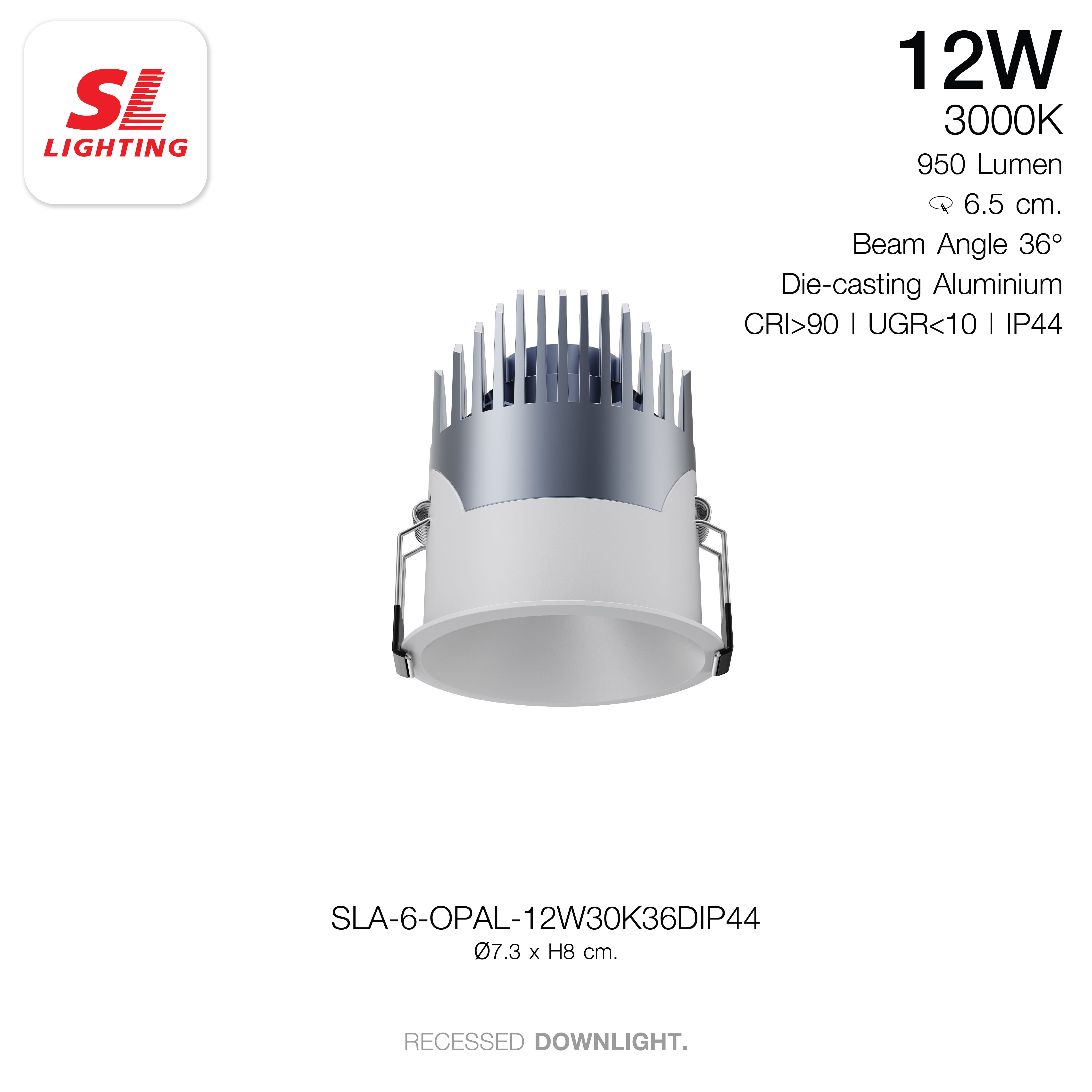 ดาวน์ไลท์ LED SL LIGHTING OPAL 12 วัตต์ WARM WHITE 36D IP44 สีขาว