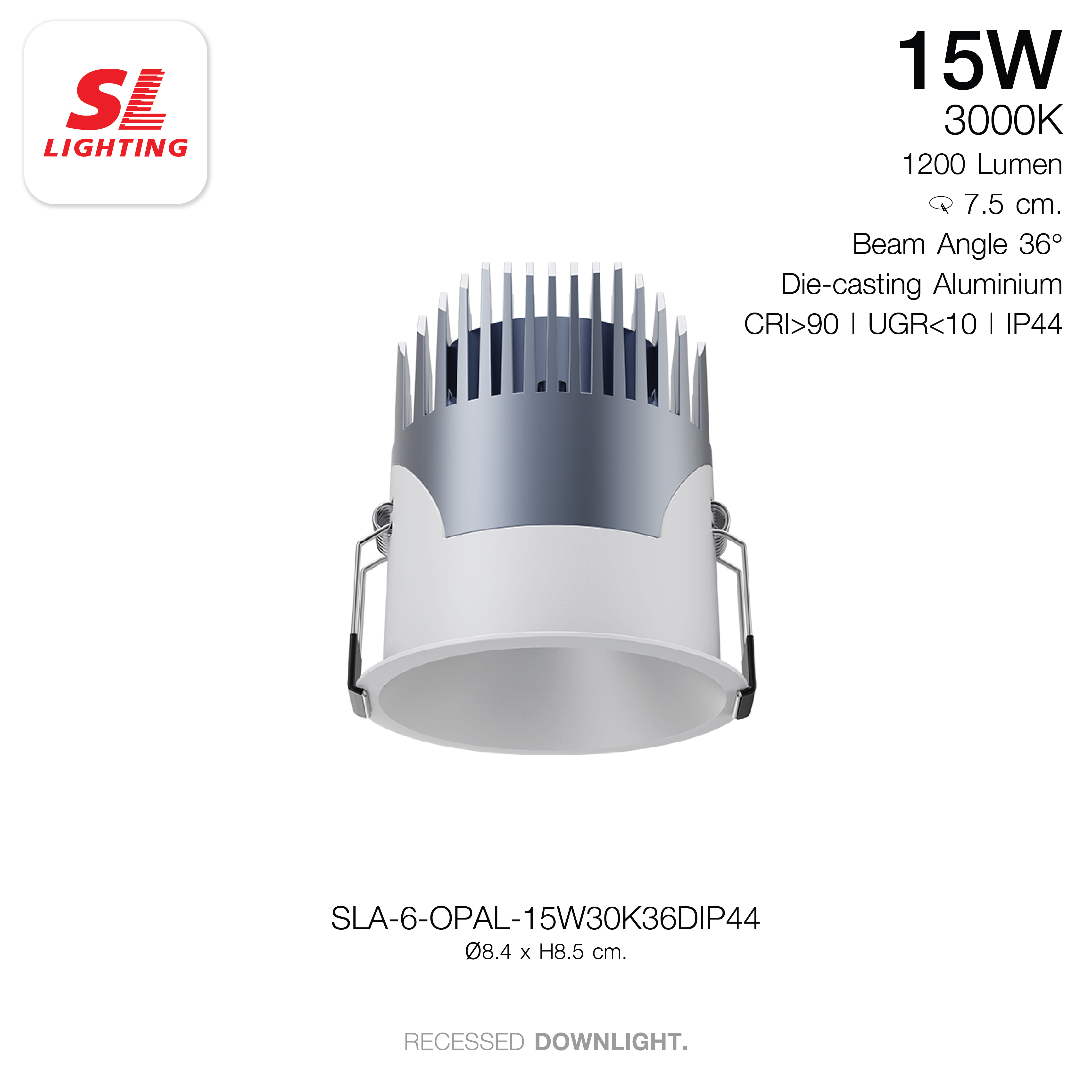ดาวน์ไลท์ LED SL LIGHTING OPAL 15 วัตต์ WARM WHITE 36D IP44 สีขาว