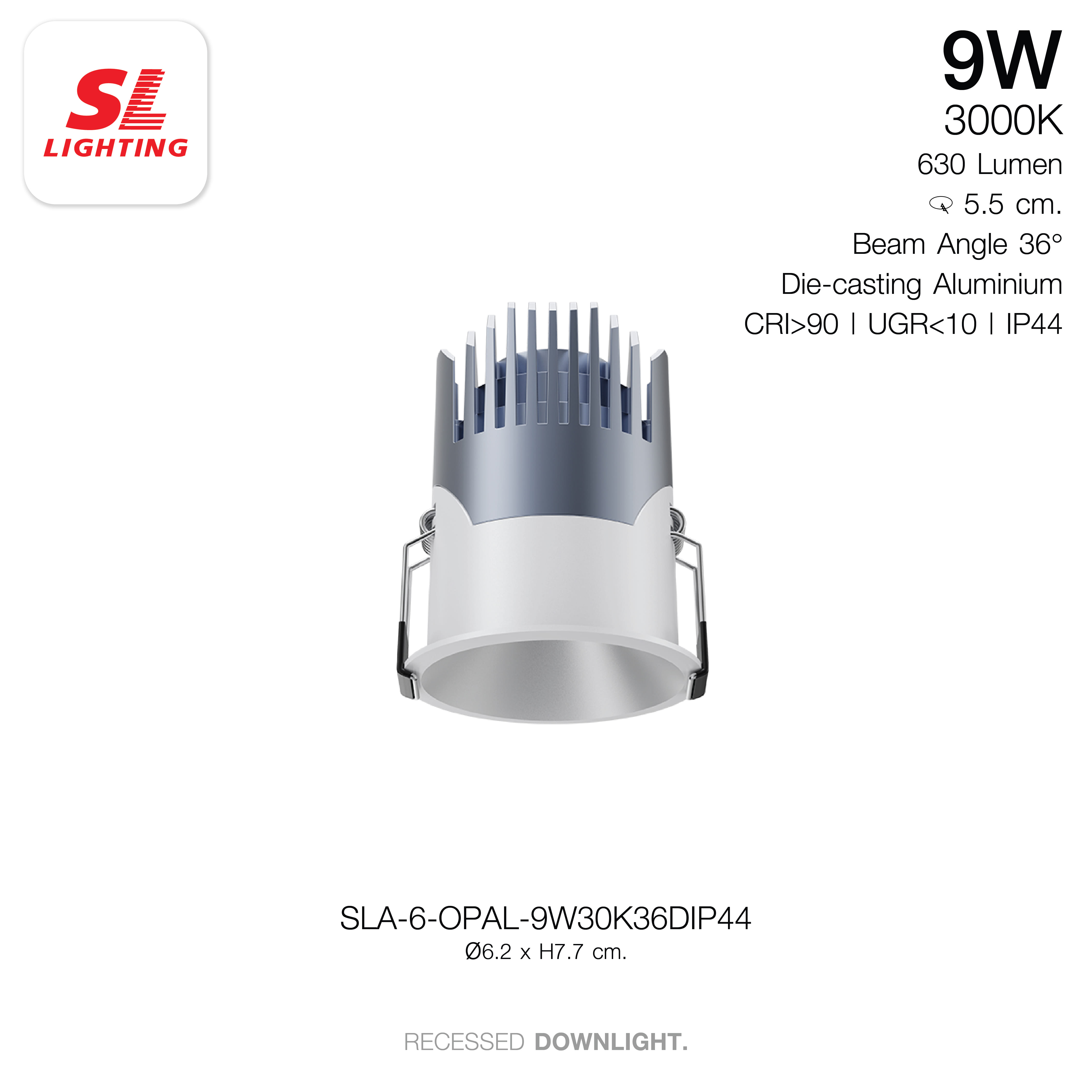 ดาวน์ไลท์ LED SL LIGHTING OPAL 9 วัตต์ WARM WHITE 36D IP44 สีขาว