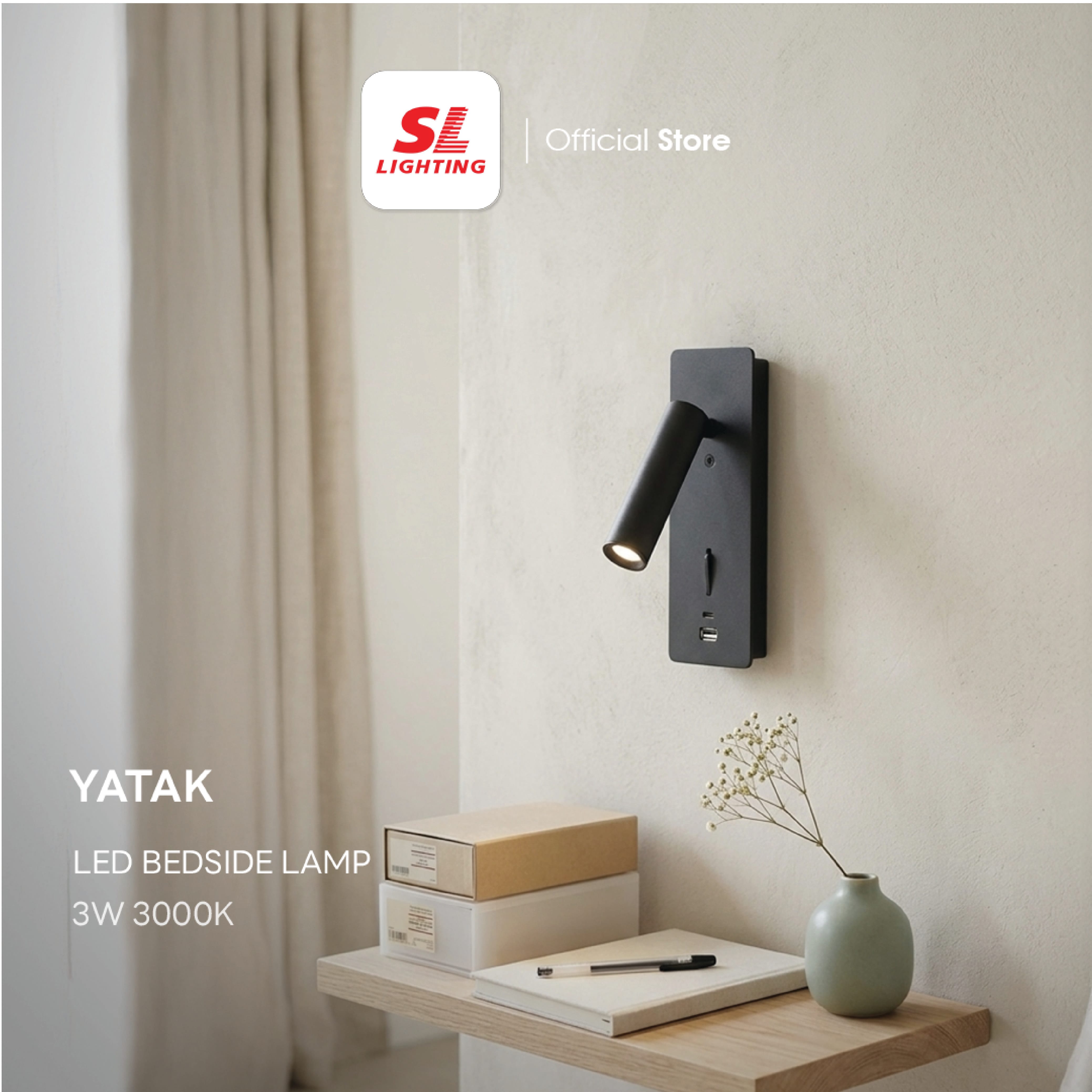 ไฟหัวเตียง LED SL LIGHTING YATAK 3 วัตต์ WARM WHITE พอร์ตชาร์จ USB & Type-C สีดำ_6