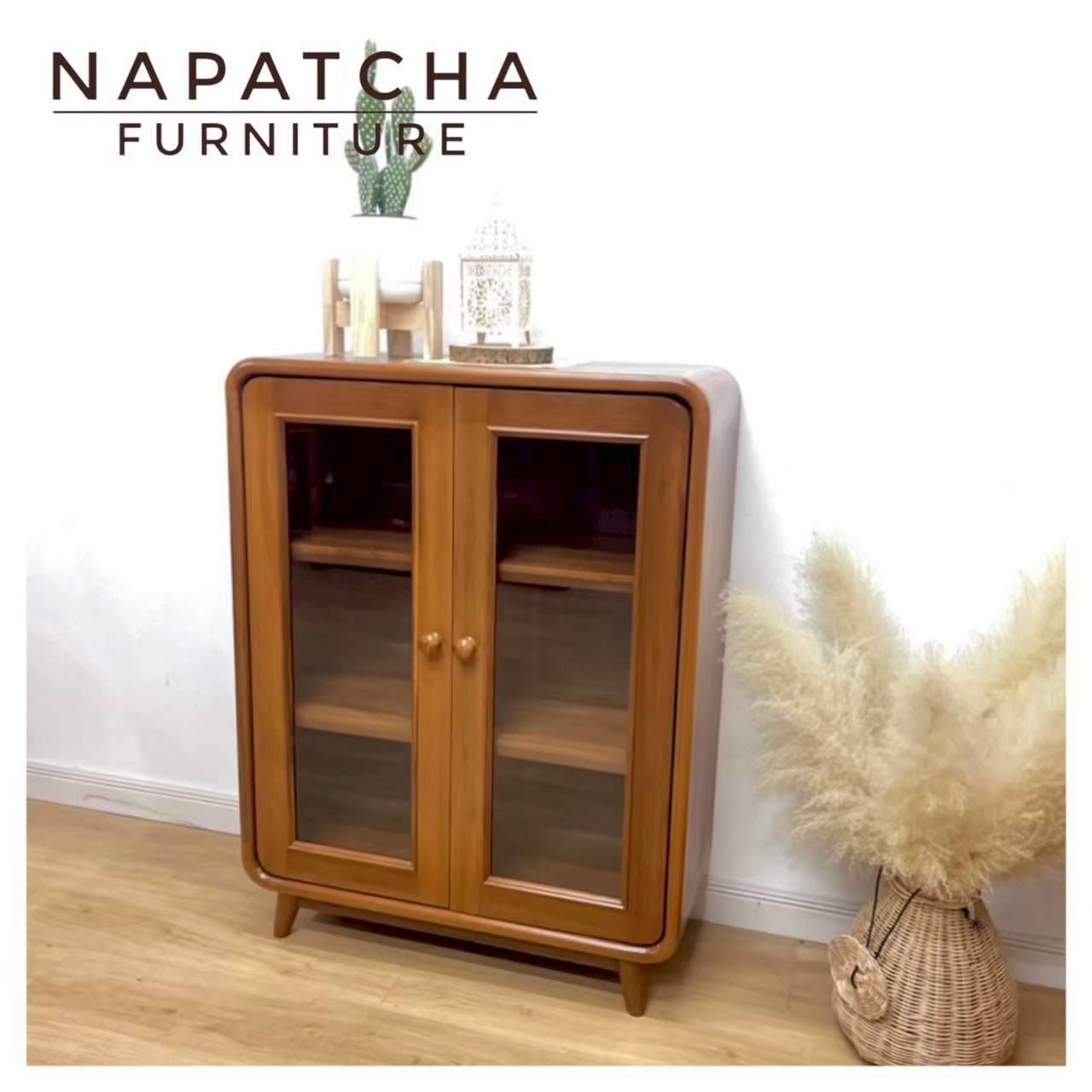 ตู้เตี้ยบานเปิด ไม้สักแท้ NAPATCHA FURNITURE รุ่นกระจกบานเปิด 2 บาน ขนาด 80X35X105 ซม. สีไม้สักธรรมชาติ