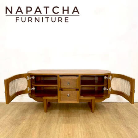 ตู้วางทีวีไม้สักแท้ NAPATCHA FURNITURE รุ่นบานเปิด-หน้าหวาย 2 ลิ้นชัก 2 บานเปิด ทรงวงรี ไม้สักแท้ ขนาด 120X40X55 ซม. สีไม้สักธรรมชาติ_4