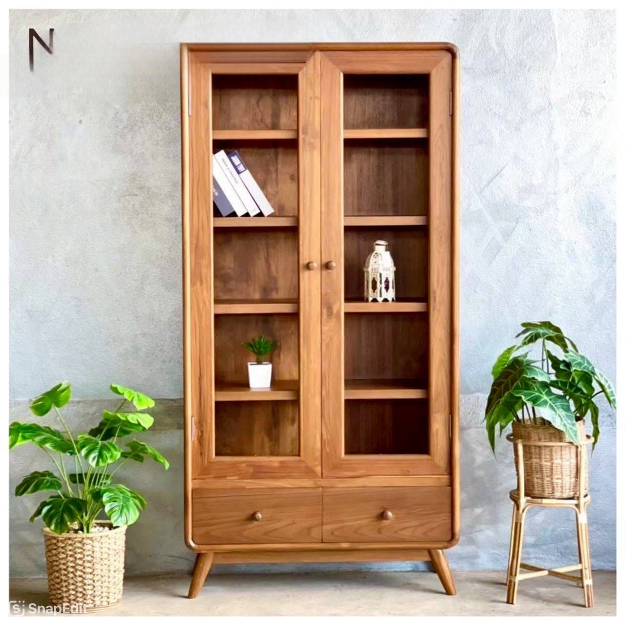 ตู้โชว์กระจก ไม้สักแท้ NAPATCHA FURNITURE รุ่น 2 บานเปิด ขนาด 90X35X180 ซม. สีไม้สักธรรมชาติ_11