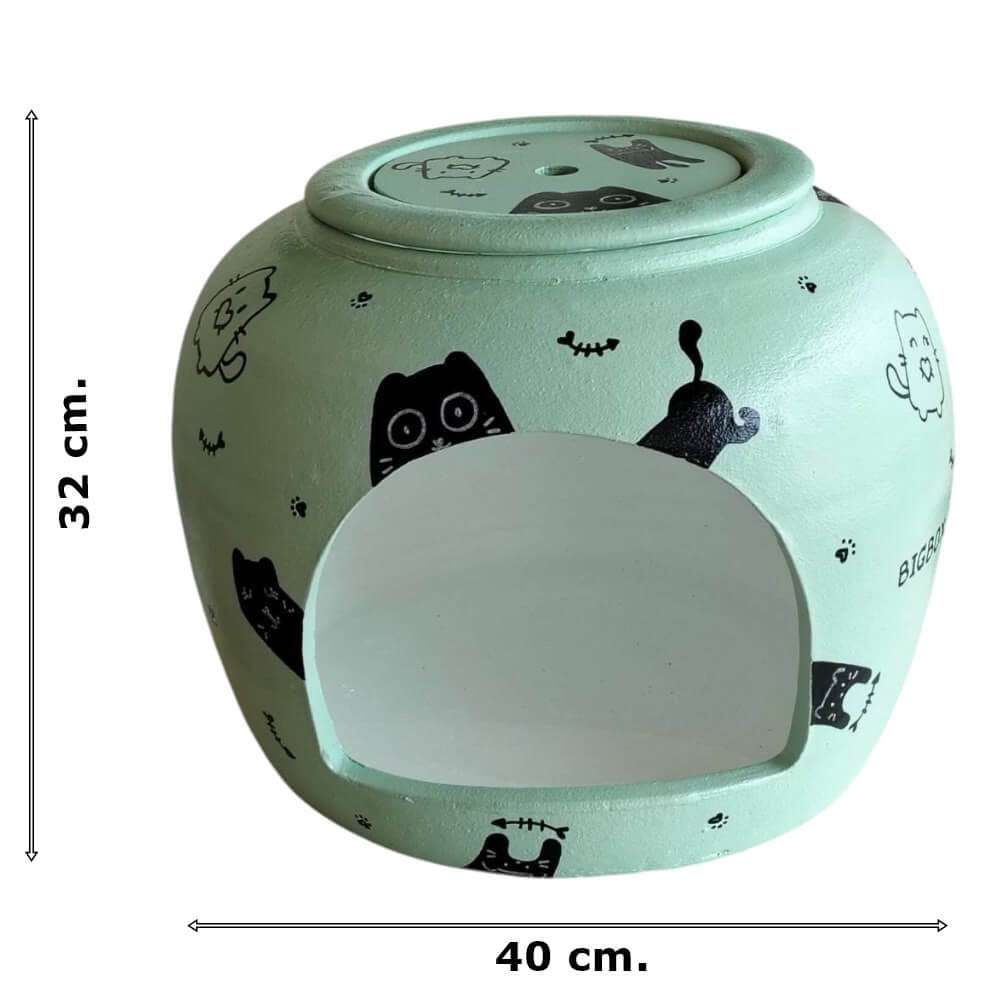บ้านสัตว์เลี้ยง BIGBOXDESIGN รุ่น บ้านโอ่งดินเซรามิก ขนาด 15 นิ้ว สีเขียว-ลายแมว_5