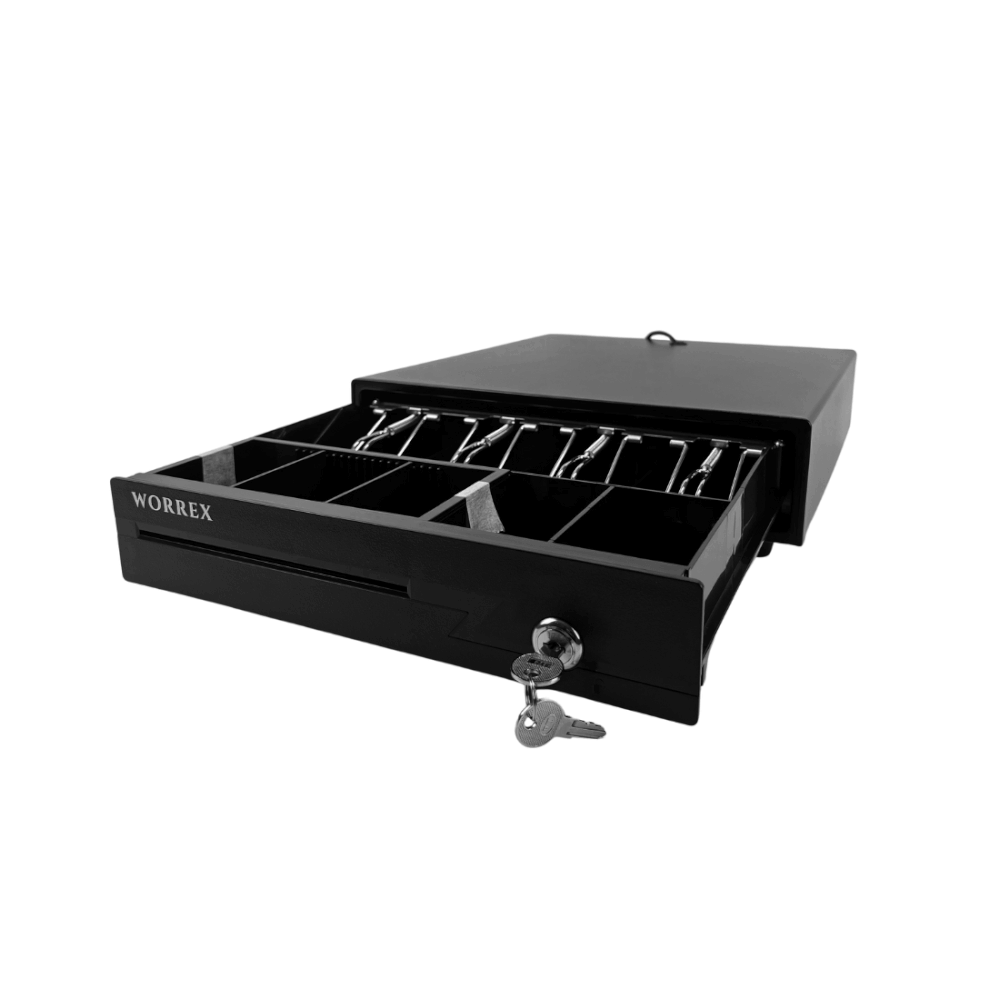 ลิ้นชักเก็บเงิน WORREX รุ่น W-GTC330 สีดำ 4 ช่องแบงค์ 5 ช่องเหรียญ RJ11 12/24V_0