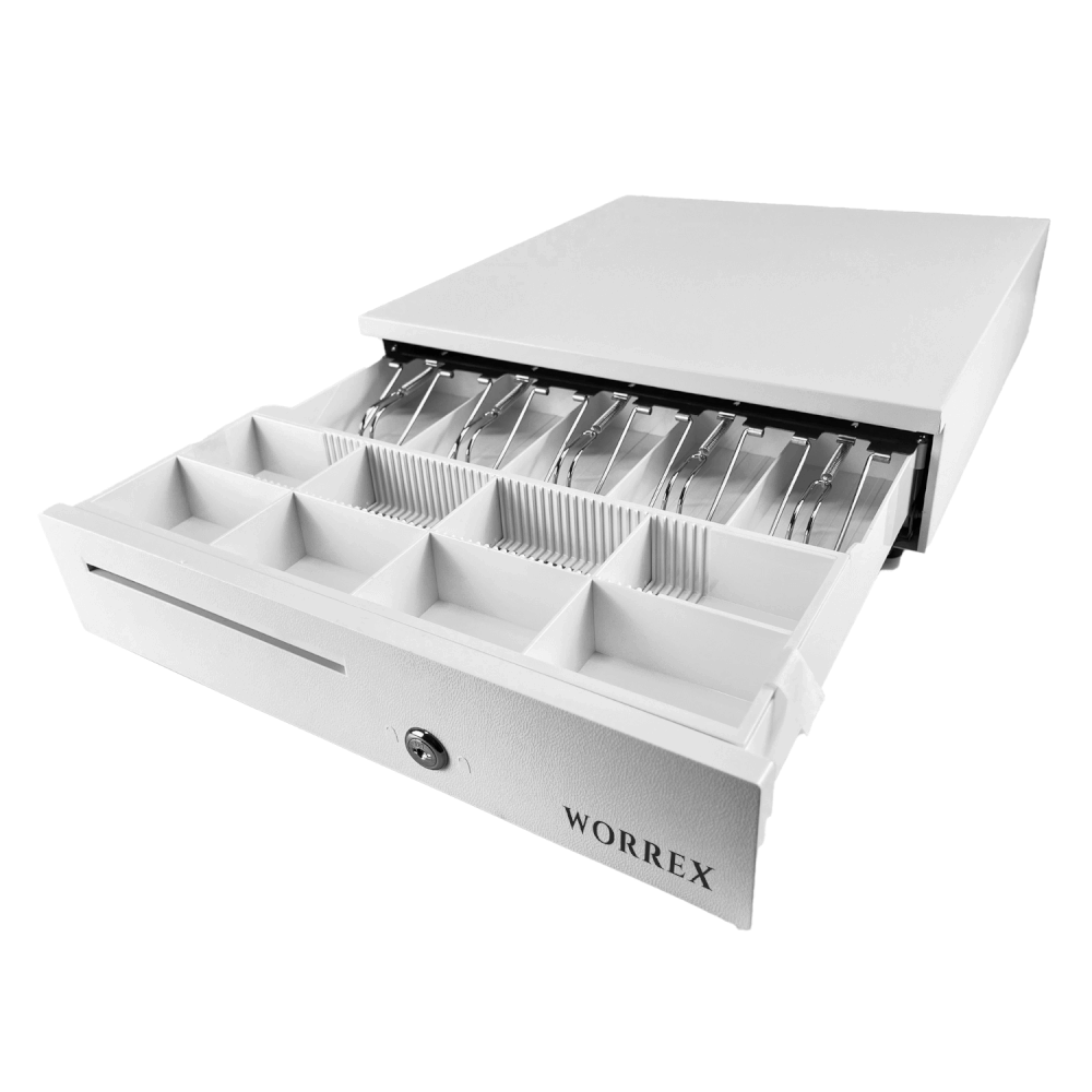 ลิ้นชักเก็บเงิน WORREX รุ่น W-405F สีขาว 5 ช่องแบงค์ 8 ช่องเหรียญ RJ11 12/24V_2