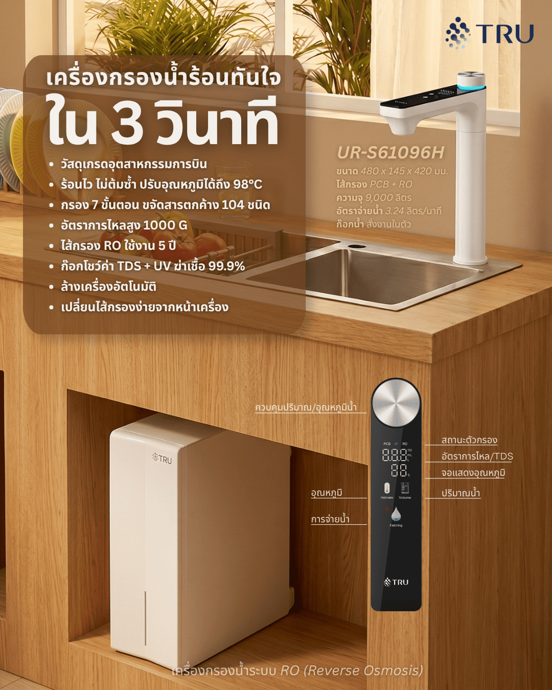เครื่องกรองน้ำดื่ม TRU รุ่น UR-61096 หัวก๊อกดิจิตอลอัจฉริยะ ปรับได้ 14 อุณหภูมิ กรองละเอียด 0.0001 ไมครอน_1