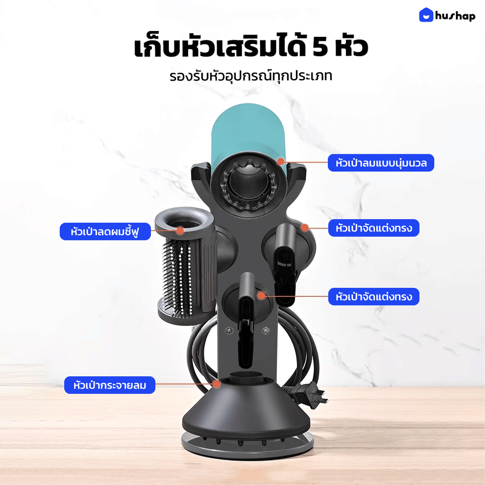 ที่วางไดร์เป่าผม HUSHAP อัพเกรดความสูง สีเทา เก็บหัวอุปกรณ์ได้ 5 หัว สีเทา สำหรับ DYSON SUPERSONIC HD08, HD15, HD16