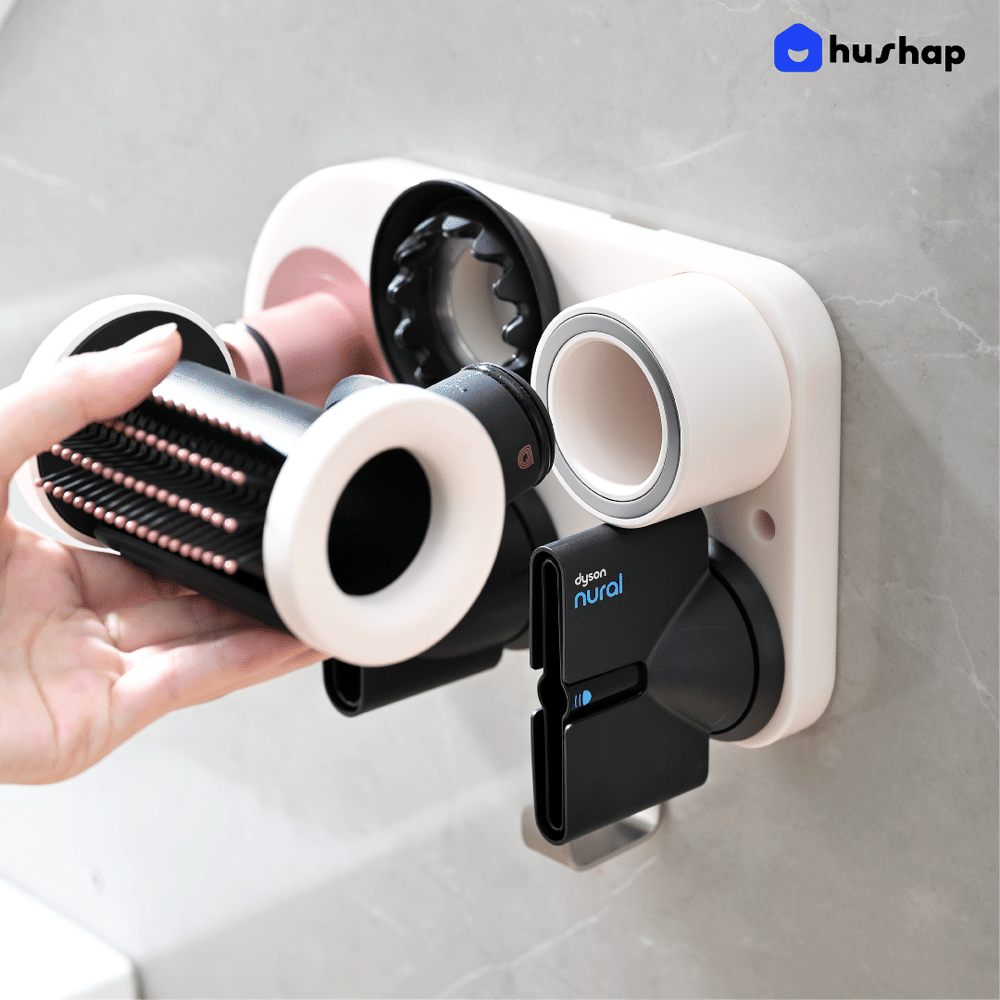 ที่วางไดร์เป่าผม แบบติดผนัง HUSHAP รุ่น BC-01 สีชมพู เก็บหัวอุปกรณ์ได้ 4 หัว สำหรับ DYSON SUPERSONIC HD08, HD15, HD16