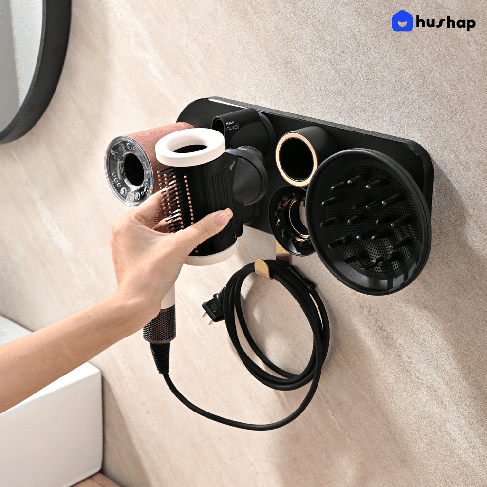 ที่วางไดร์เป่าผม แบบติดผนัง HUSHAP รุ่น BC-01 สีดำ เก็บหัวอุปกรณ์ได้ 5 หัว สำหรับ DYSON SUPERSONIC HD08, HD15, HD16
