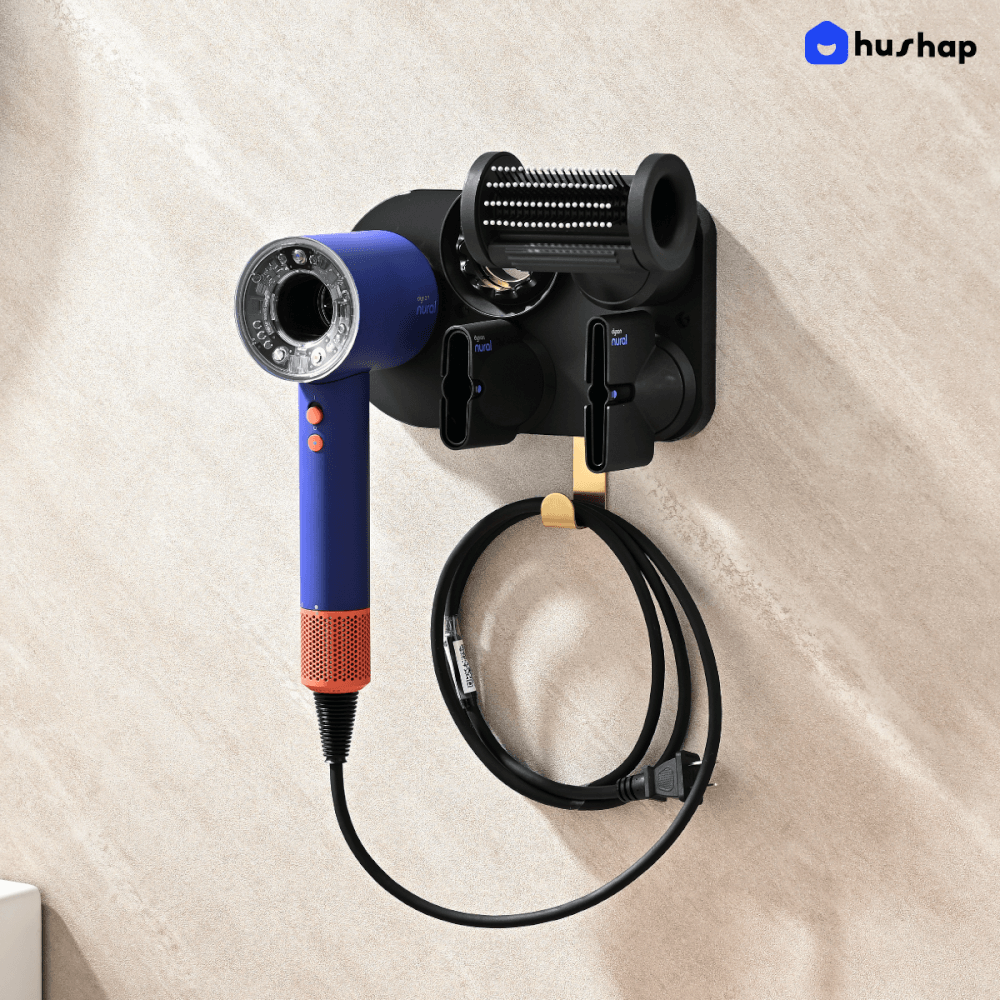 ที่วางไดร์เป่าผม แบบติดผนัง HUSHAP รุ่น BC-01 สีดำ เก็บหัวอุปกรณ์ได้ 4 หัว สำหรับ DYSON SUPERSONIC HD08, HD15, HD16