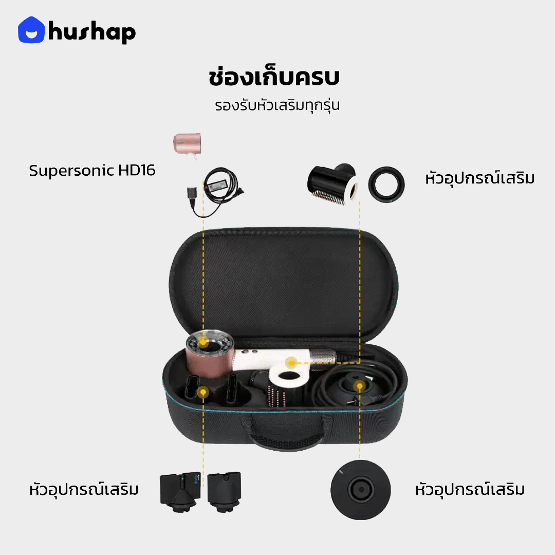 กระเป๋าเก็บไดร์ HUSHAP รุ่น COMPACT CARRY สำหรับ DYSON SUPERSONIC HD08, HD15, HD16 ขนาด 12X39X21 CM สีดำ_2
