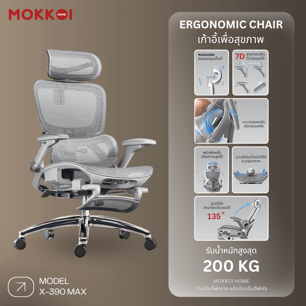 เก้าอี้ทำงานเพื่อสุขภาพ MOKKOI HOME รุ่น X-390 สีเทา ปรับที่วางแขนได้_1