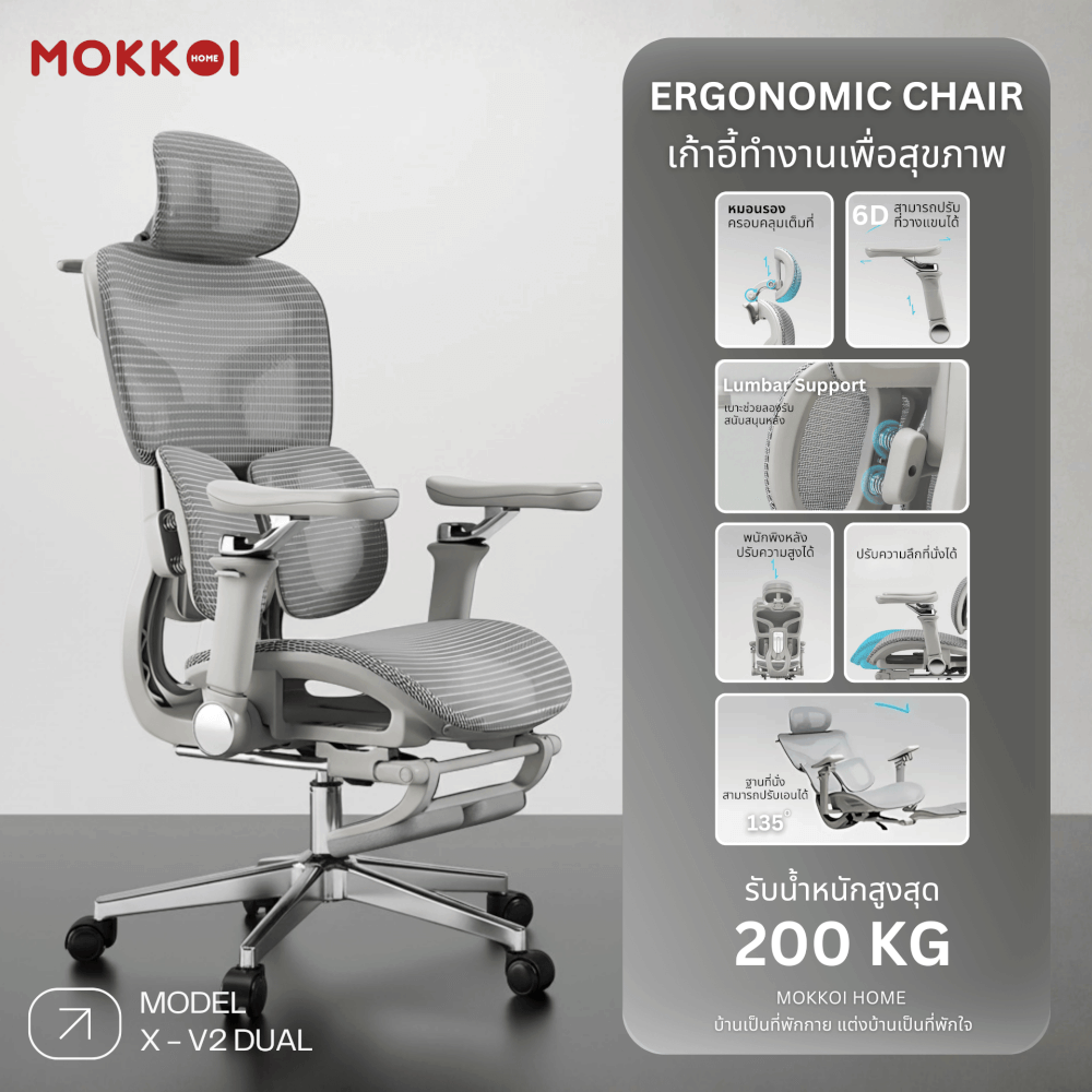 เก้าอี้ทำงานเพื่อสุขภาพ MOKKOI HOME รุ่น X-V2 DUAL สีเทา ปรับที่วางแขนได้_1