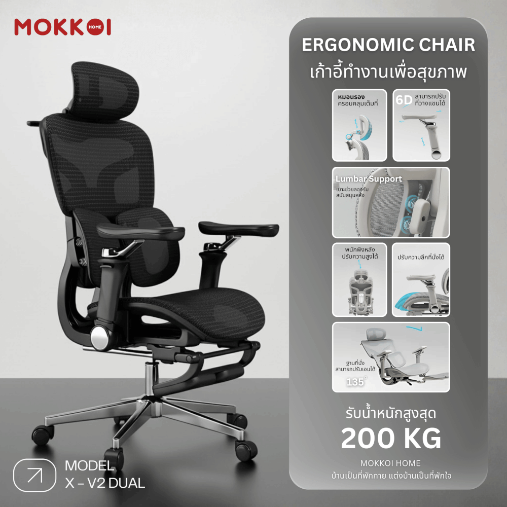 เก้าอี้ทำงานเพื่อสุขภาพ MOKKOI HOME รุ่น X-V2 DUAL สีดำ ปรับที่วางแขนได้_1