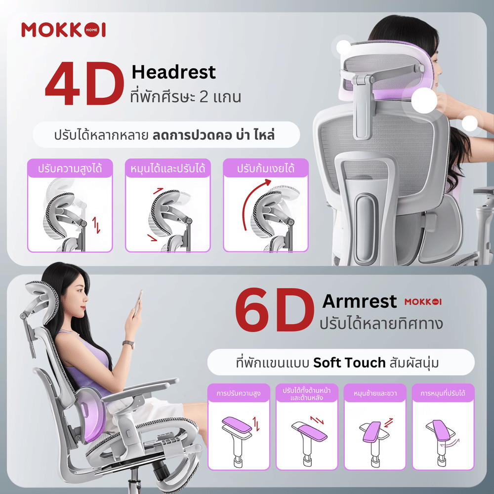 เก้าอี้ทำงานเพื่อสุขภาพ MOKKOI HOME รุ่น X-360 MAX สีเทา ปรับที่วางแขนได้