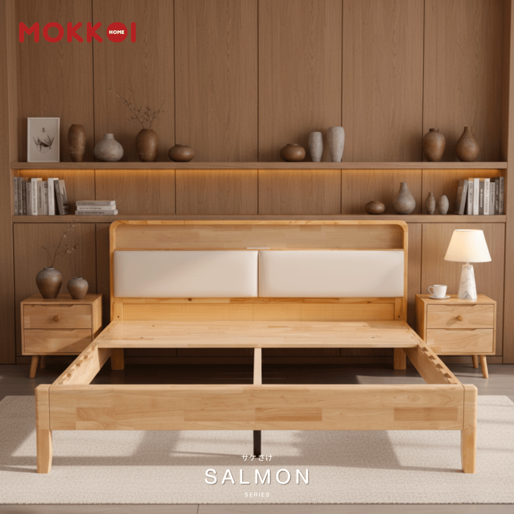 เตียงไม้ยางพารา 5 ฟุต MOKKOI HOME รุ่น SALMON-01 สีไม้ธรรมชาติ