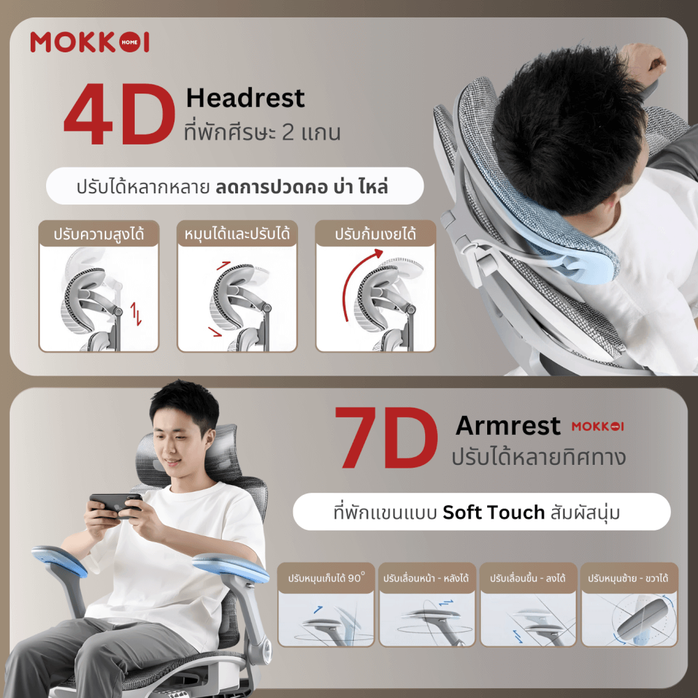 เก้าอี้ทำงานเพื่อสุขภาพ MOKKOI HOME รุ่น X-390 สีเทา ปรับที่วางแขนได้_4