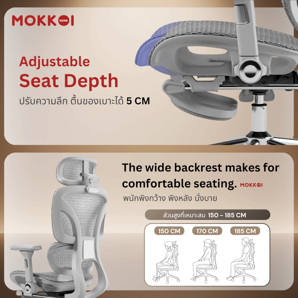 เก้าอี้ทำงานเพื่อสุขภาพ MOKKOI HOME รุ่น X - 300 FLOW PRO สีเทา ปรับที่วางแขนได้