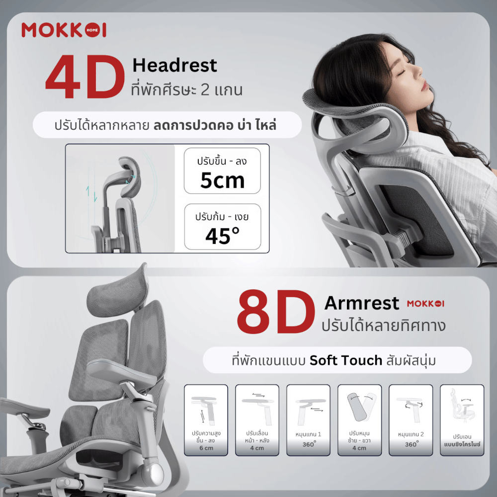 เก้าอี้ทำงานเพื่อสุขภาพ MOKKOI HOME รุ่น X - APEX V3 สีเทา ปรับที่วางแขนได้