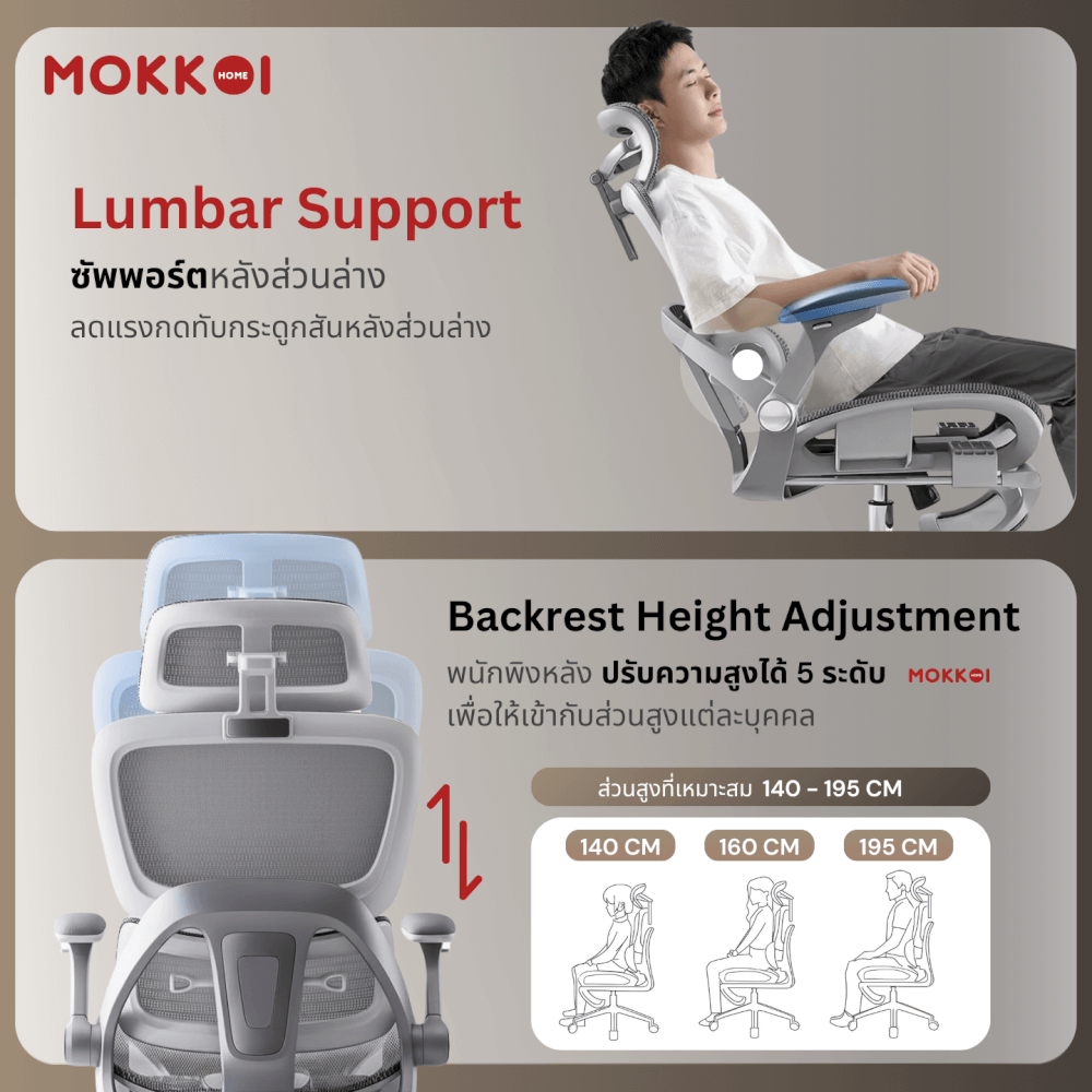 เก้าอี้ทำงานเพื่อสุขภาพ MOKKOI HOME รุ่น X-390 สีเทา ปรับที่วางแขนได้_5