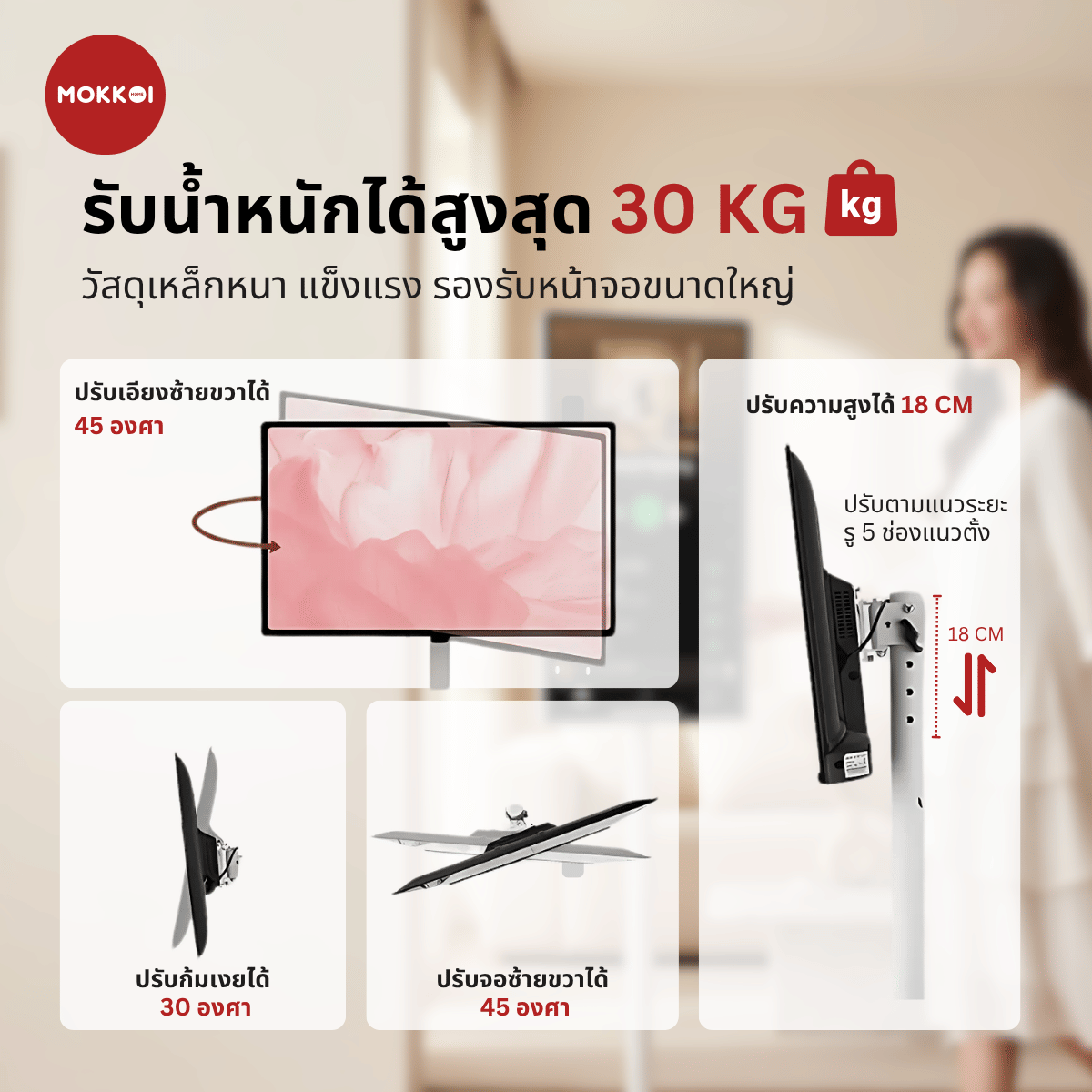 ขาตั้งทีวี MOKKOI HOME รุ่น M1-1700 WHITE สีขาว ดีไซน์มินิมอล_5