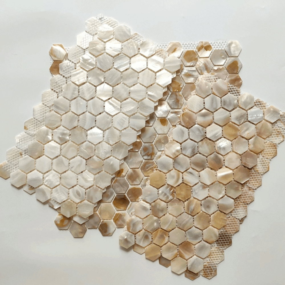 โมเสคเปลือกหอย TIMELESS TILES รุ่น PEARL SEASHELL MOSAIC 30 X 30 ซม. สีขาวน้ำตาล CHAMPANGE WHITE ทรงหกเหลี่ยม ผิวเงา_4