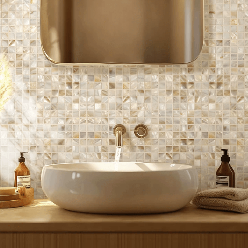 โมเสคเปลือกหอย TIMELESS TILES รุ่น PEARL SEASHELL MOSAIC 30 X 30 ซม. สีขาวน้ำตาล AMBER BROWN ทรงสี่เหลี่ยมจัตุรัส ผิวเงา_5