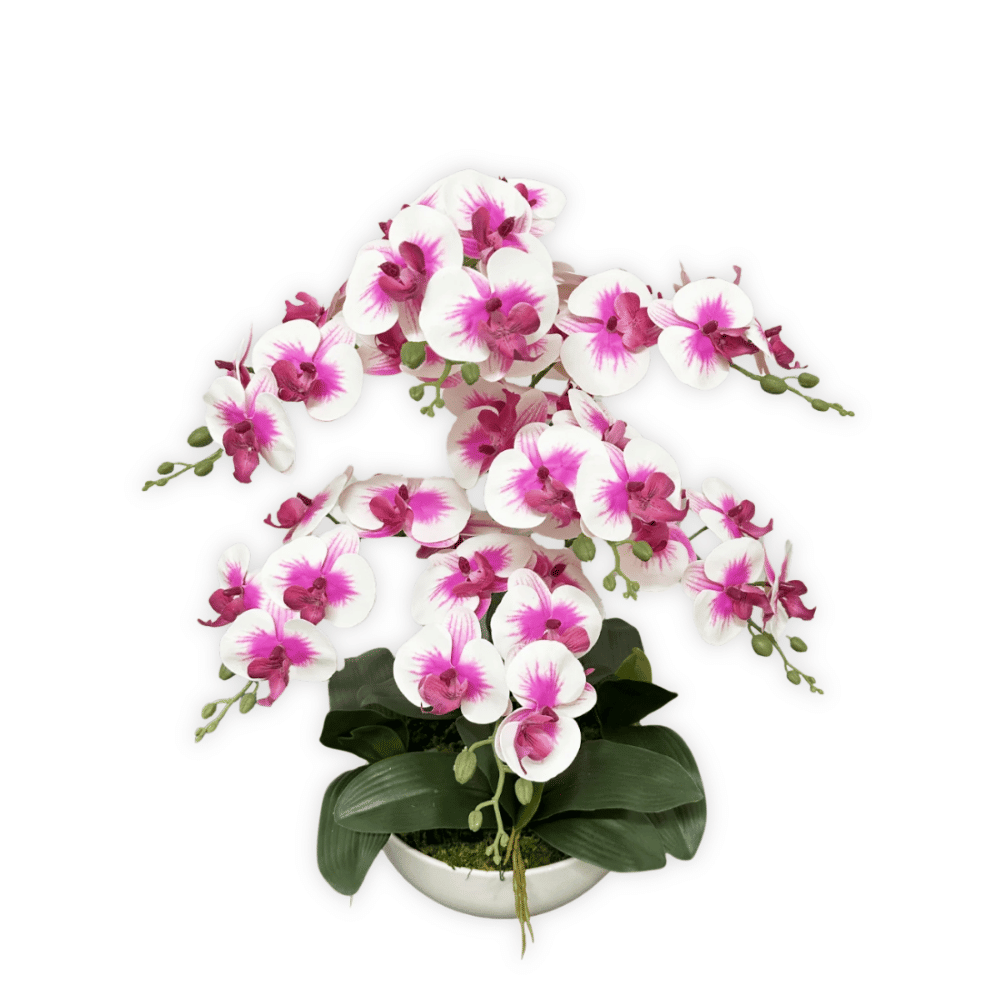 ดอกกล้วยปลอม ช่อใหญ่ PIMARN รุ่น PID863 ,สีขาวม่วง,พร้อมกระถางเซรามิก_0