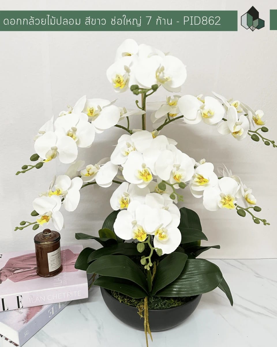 ดอกกล้วยปลอม ช่อใหญ่ PIMARN รุ่น PID862 ,สีขาว,พร้อมกระถางเซรามิก_4