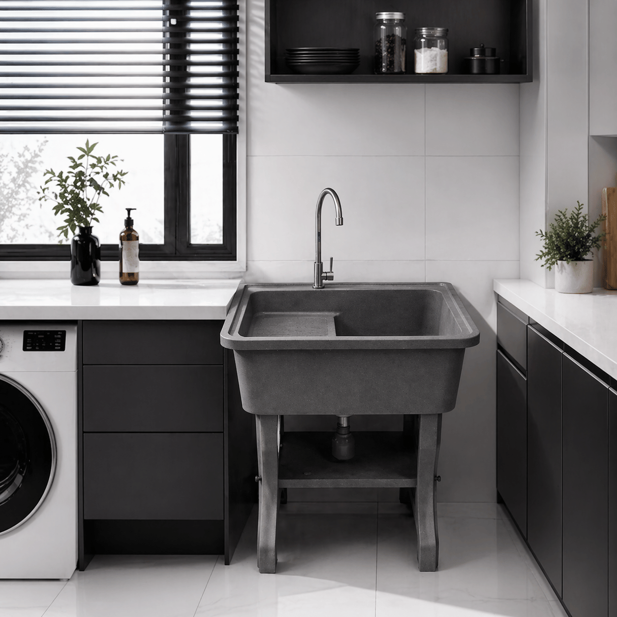 อ่างล้างจานขาตั้ง หินควอตซ์ 1 หลุม 1 ที่พัก DINOSAUR WASHTUB ขนาด 80X60X23ซม. สีดำ_1